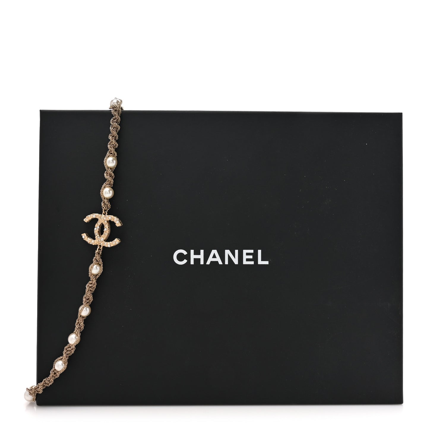 Pearl Multi Chain Braided Crystal CC Long Necklace Gold