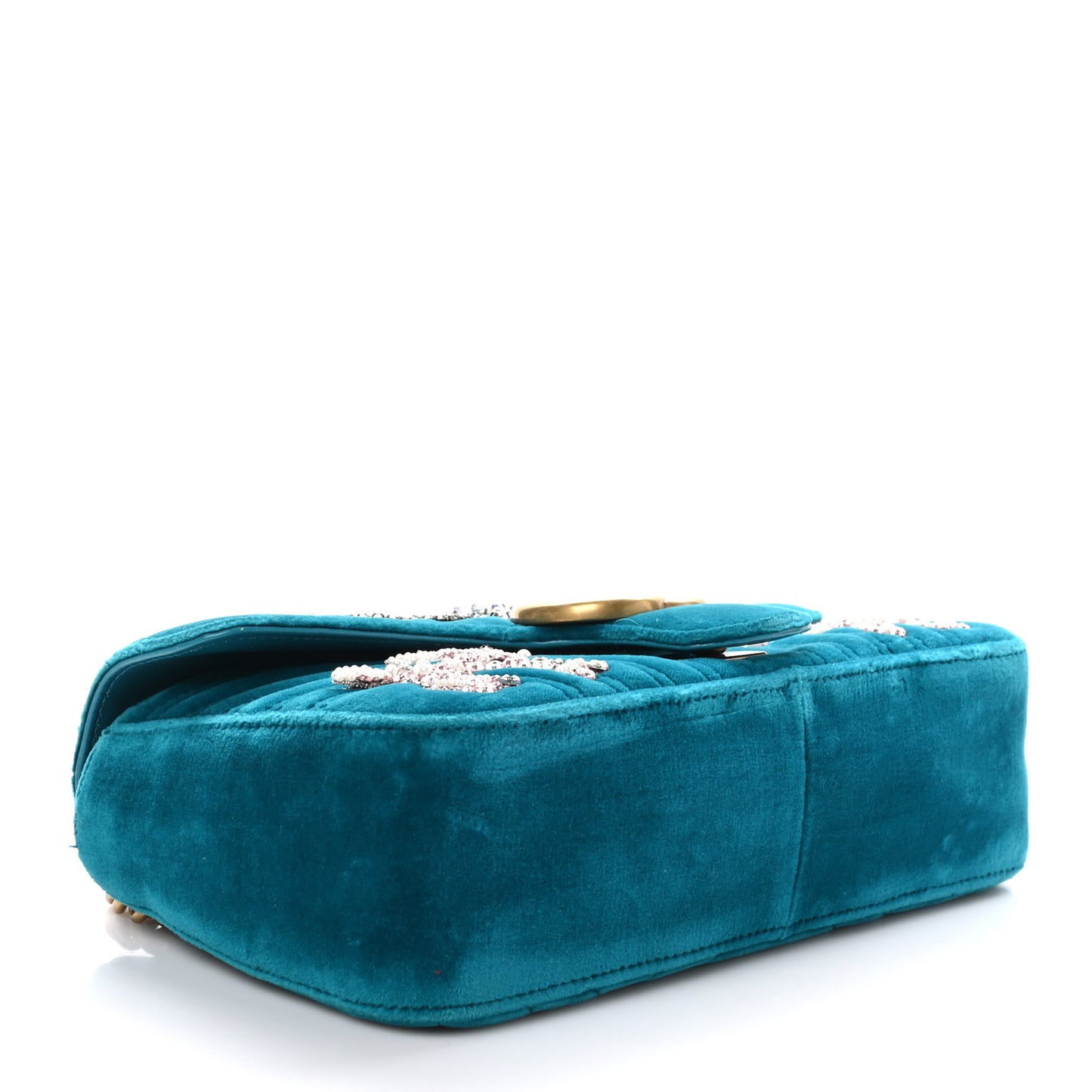Velvet Matelasse Embroidered Small GG Marmont Shoulder Bag Pavone Cyan