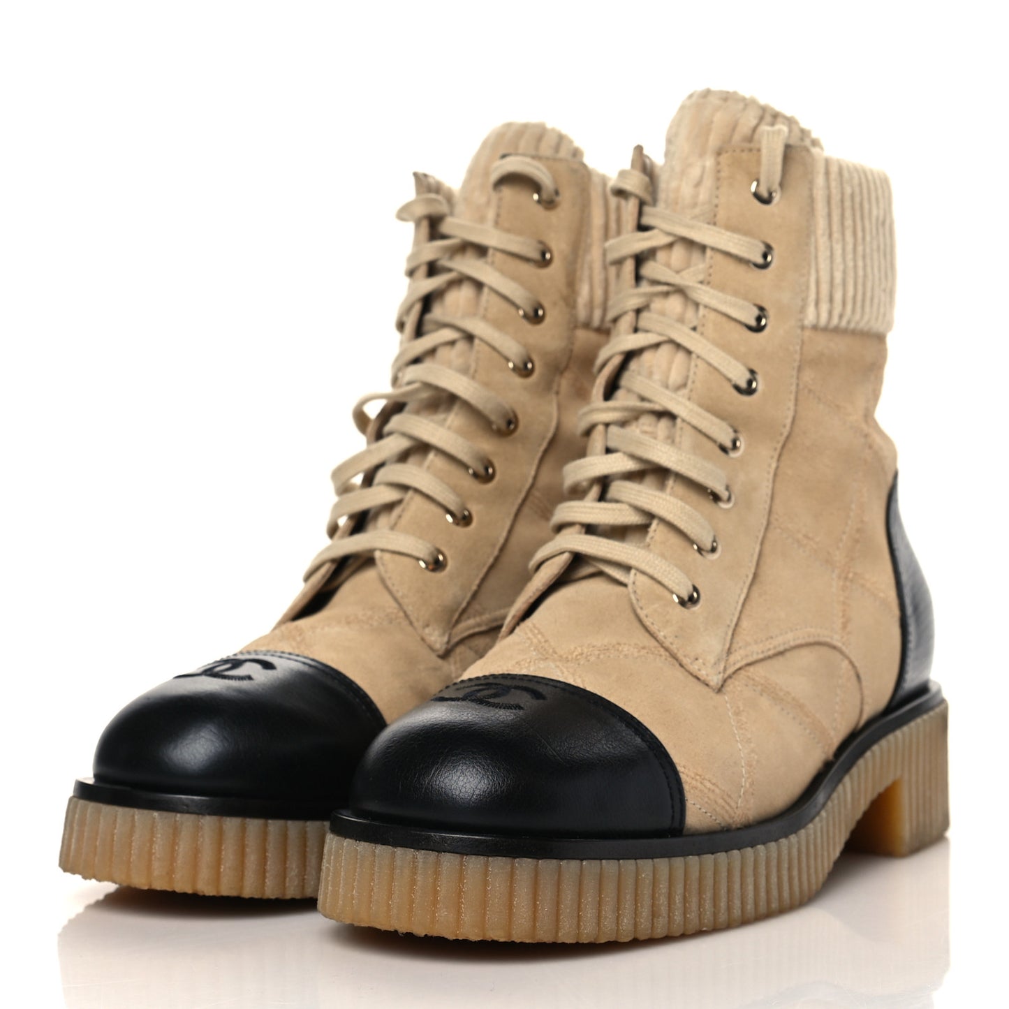 Suede Calfskin Velvet Quilted CC Combat Boots 41 Beige Black