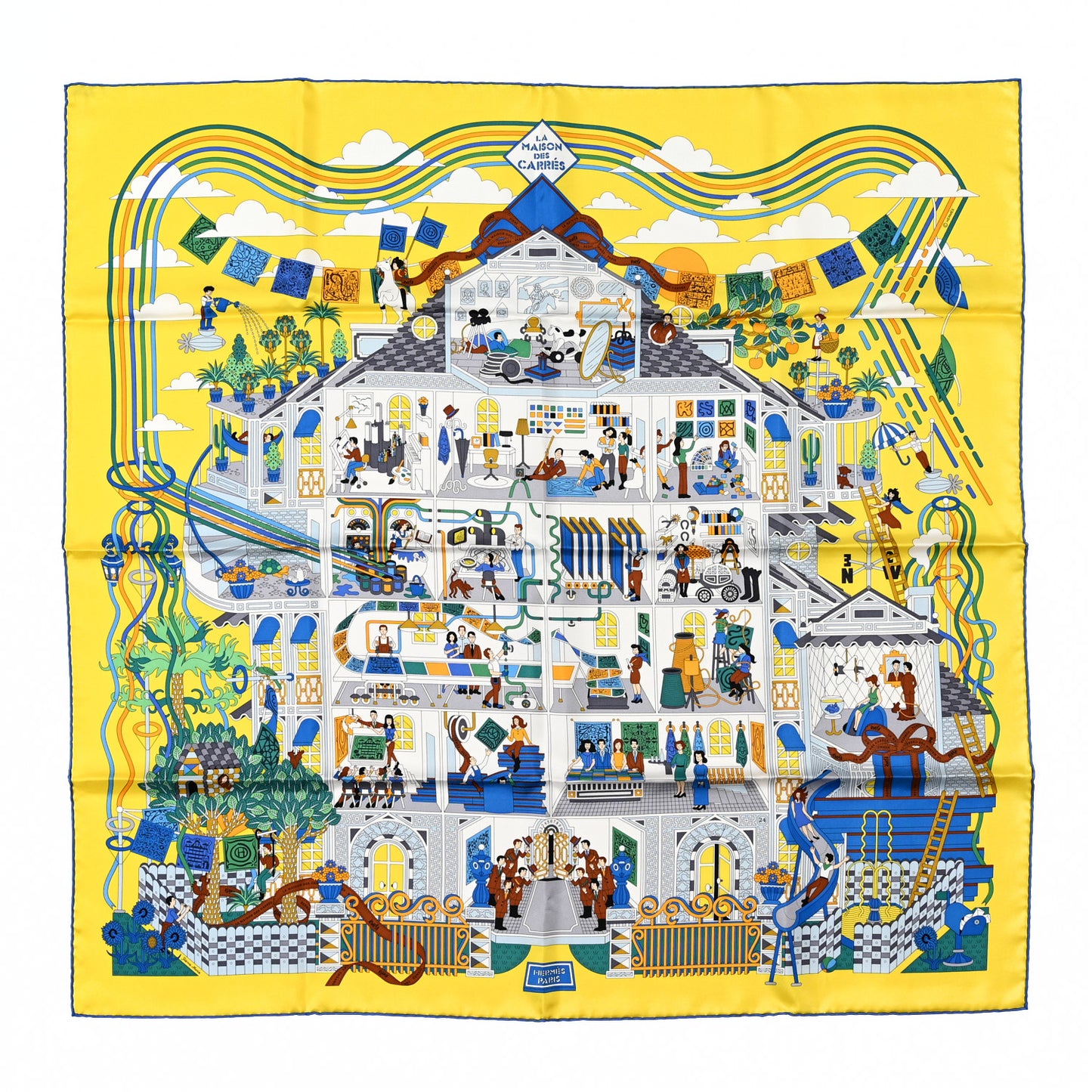 Silk La Maison des Carres Shawl 90 Jaune Vif Bleu Vert