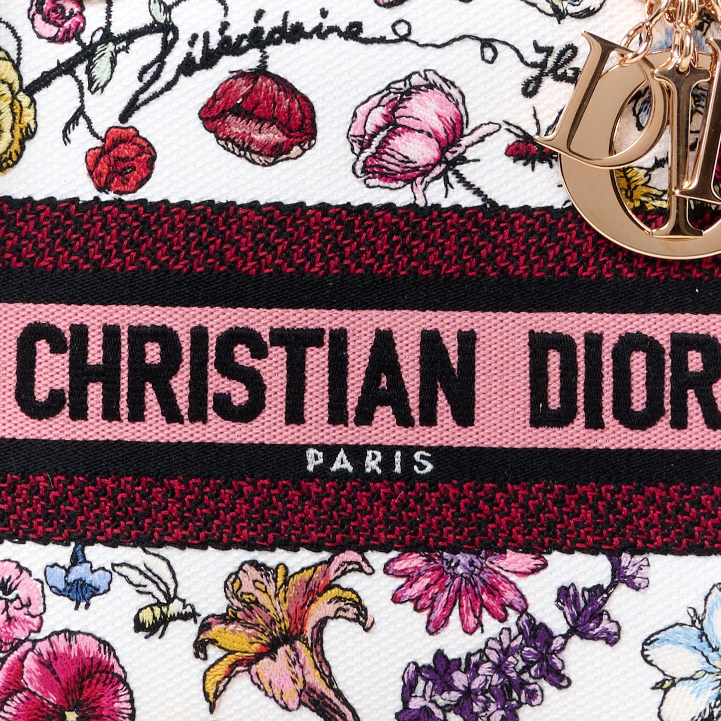 CHRISTIAN DIOR Canvas Florilegio Embroidered Medium Lady D-Lite White Multicolor