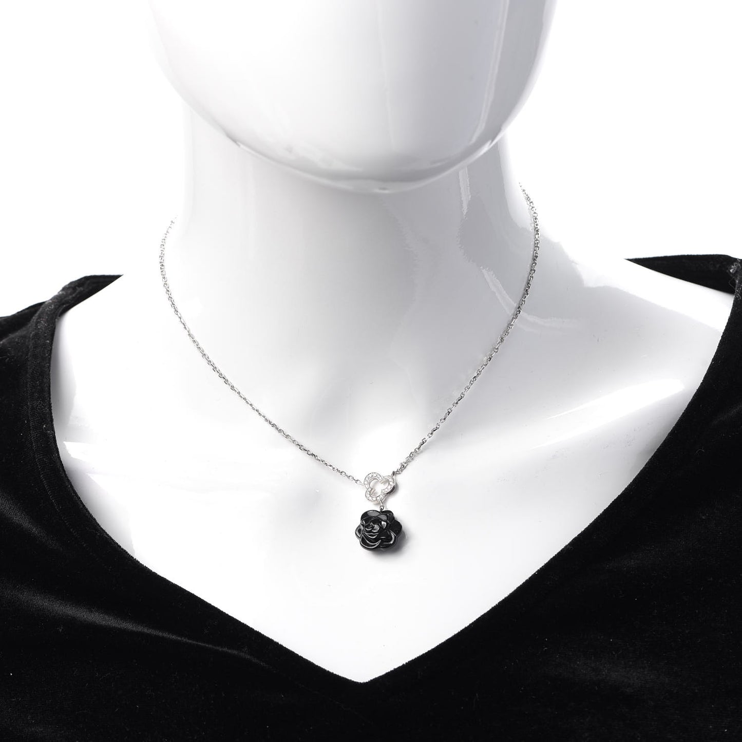 18K White Gold Diamond Black Onyx Camelia Sculpte Drop Pendant Necklace