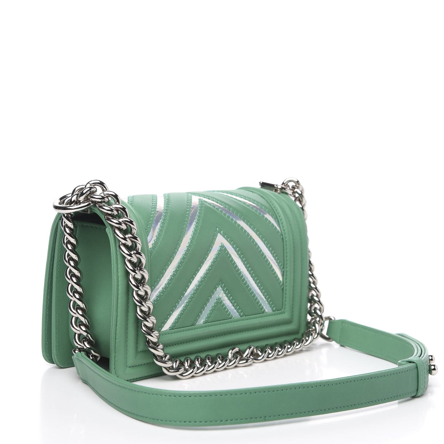 Lambskin Iridescent PVC Chevron Quilted Small Boy Flap Green Silver