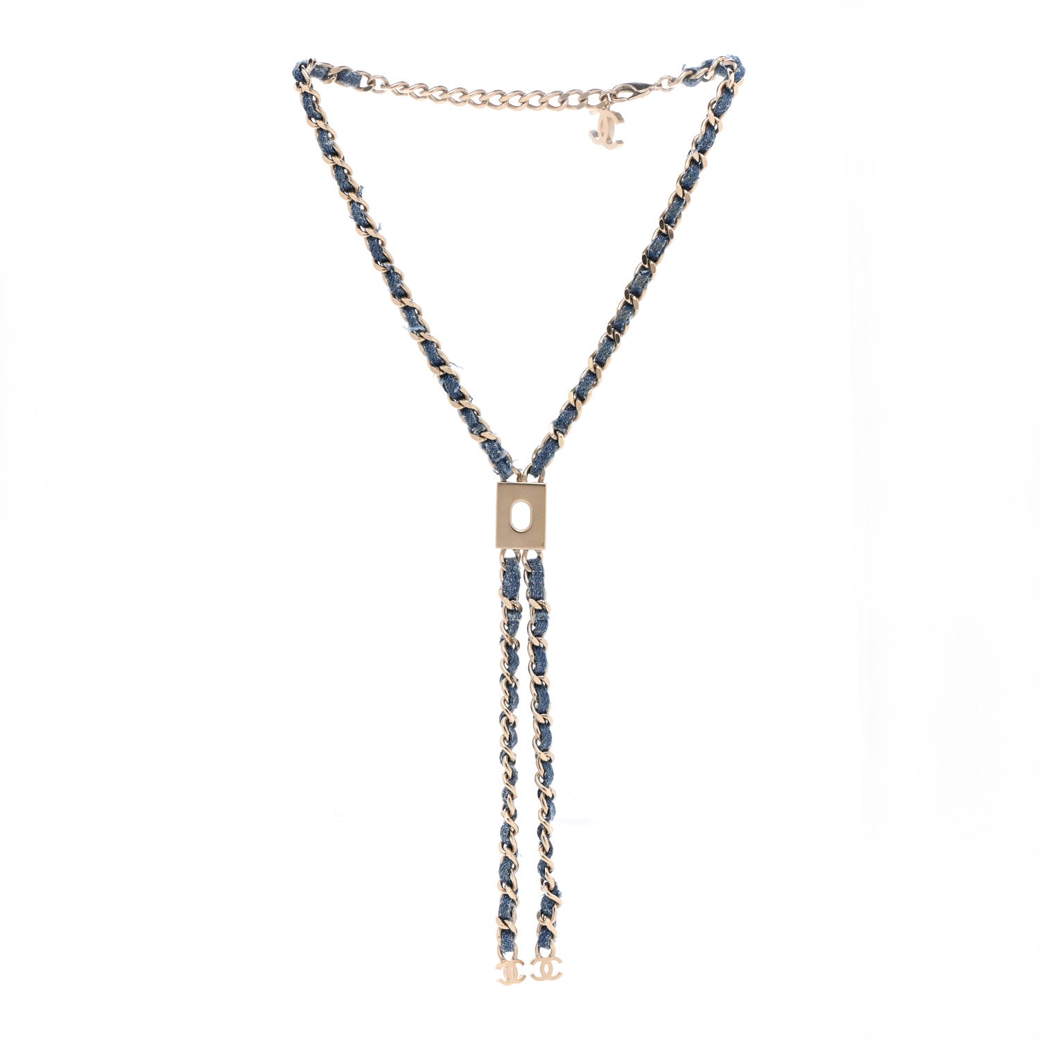 Chanel Metal Denim CC Necklace Blue Gold 3 of 7