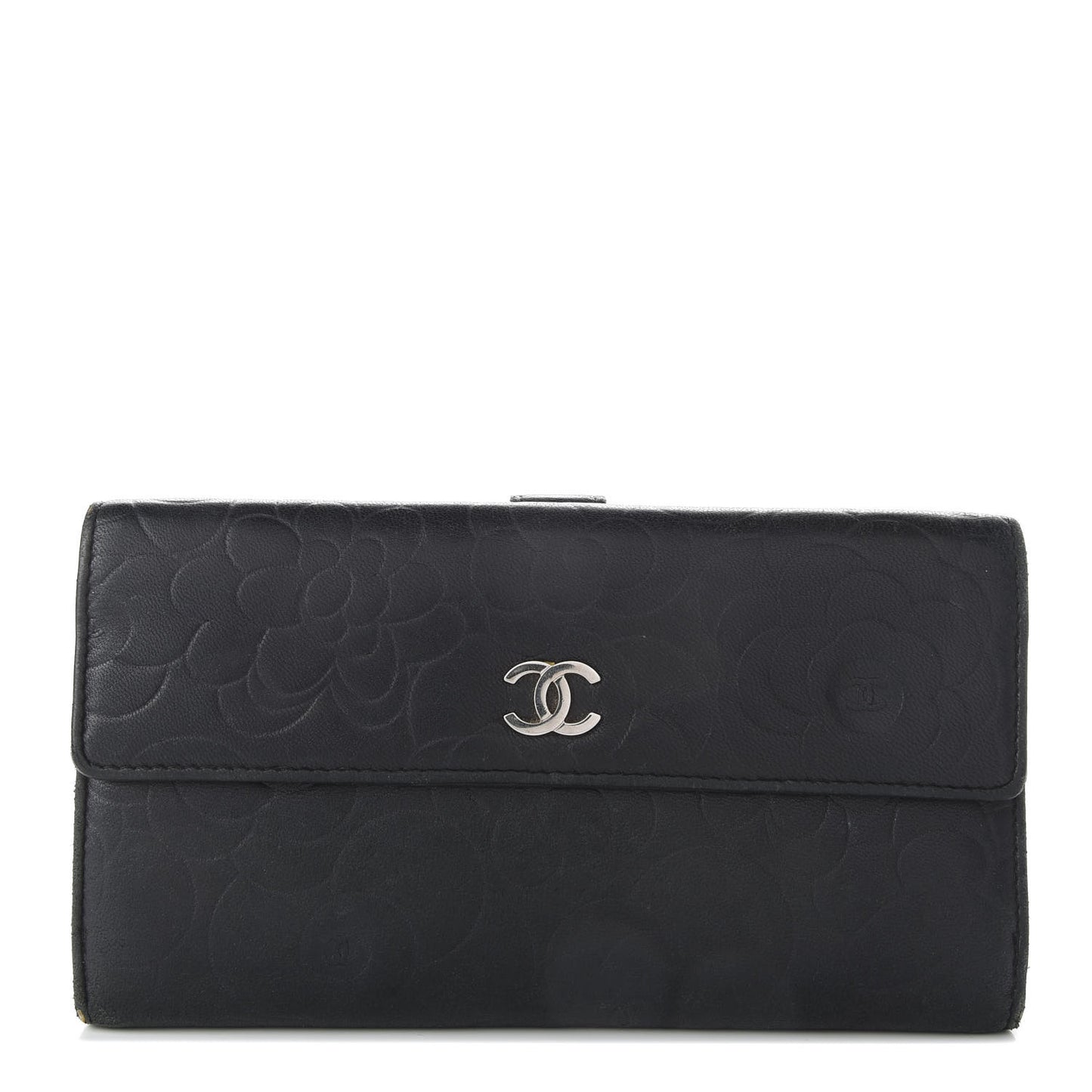 Lambskin Camellia Embossed Large Flap Wallet Black