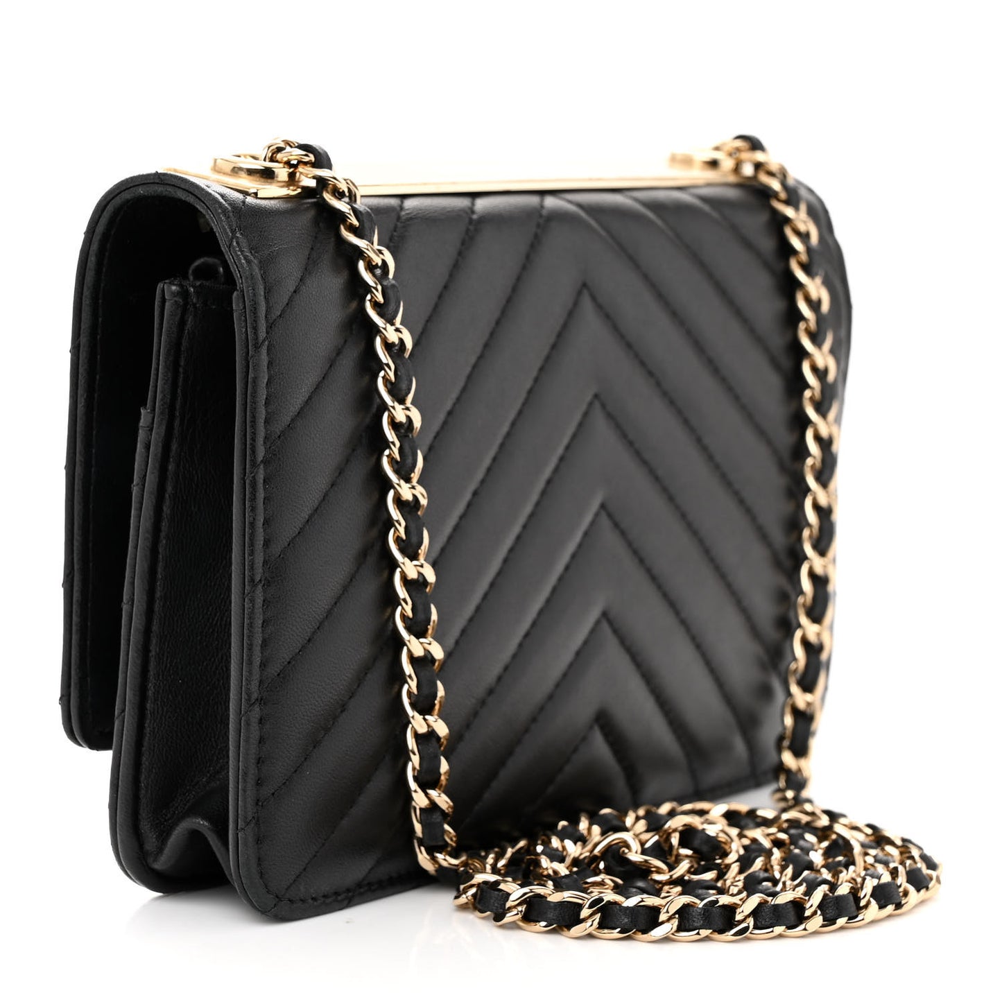 Lambskin Chevron Quilted Trendy CC Wallet On Chain WOC Black