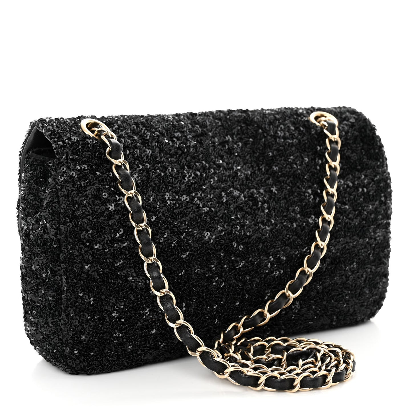 Sequin Embroidered Medium Flap Bag Black