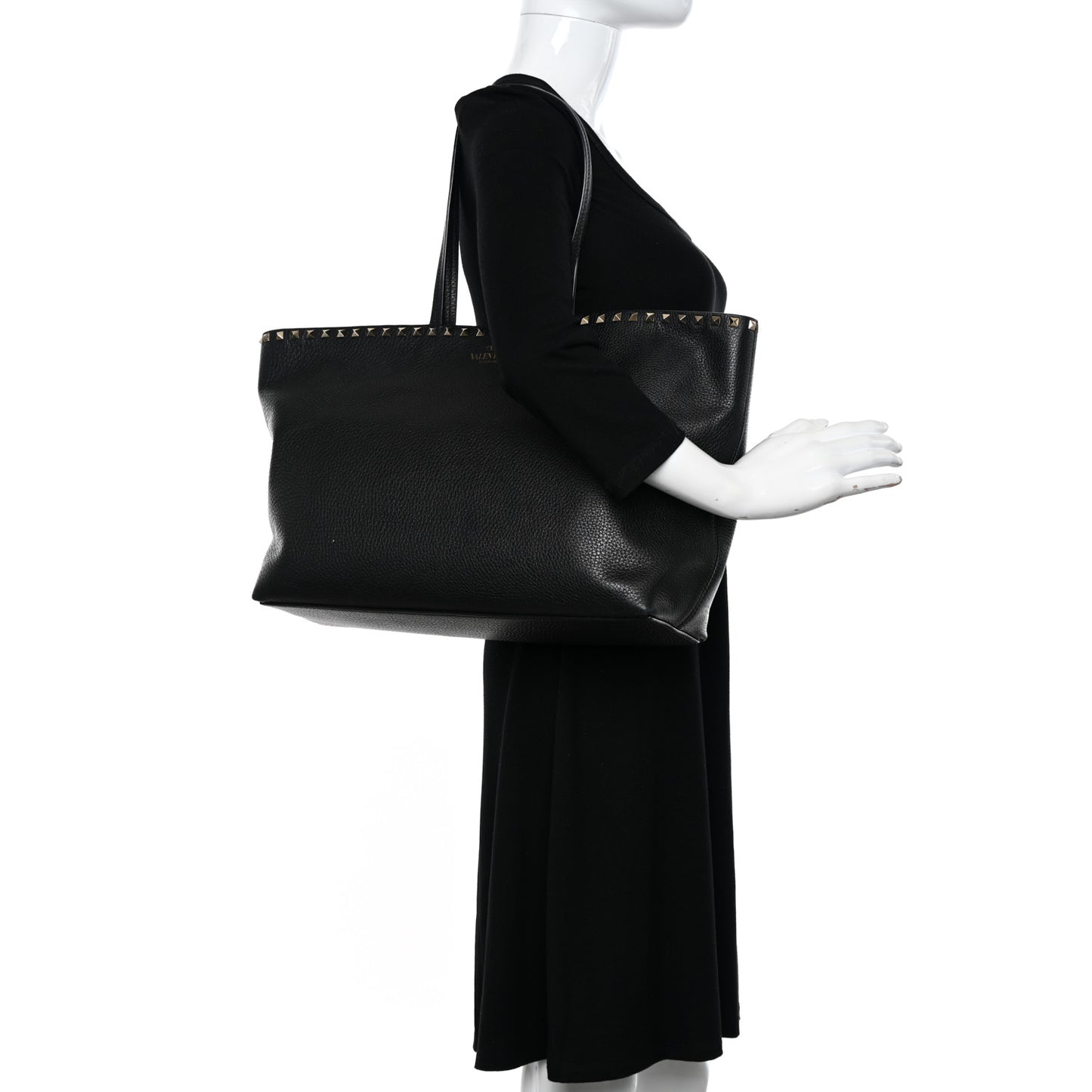 Grained Calfskin Rockstud Shoulder Tote Black