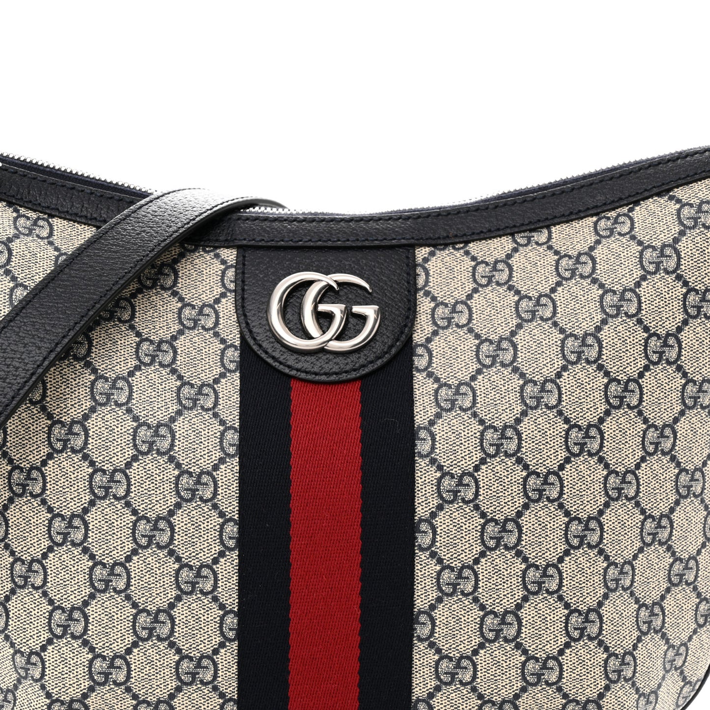 GG Supreme Monogram Textured Dollar Calfskin Web Small Ophidia Half Moon Hobo Beige Blue