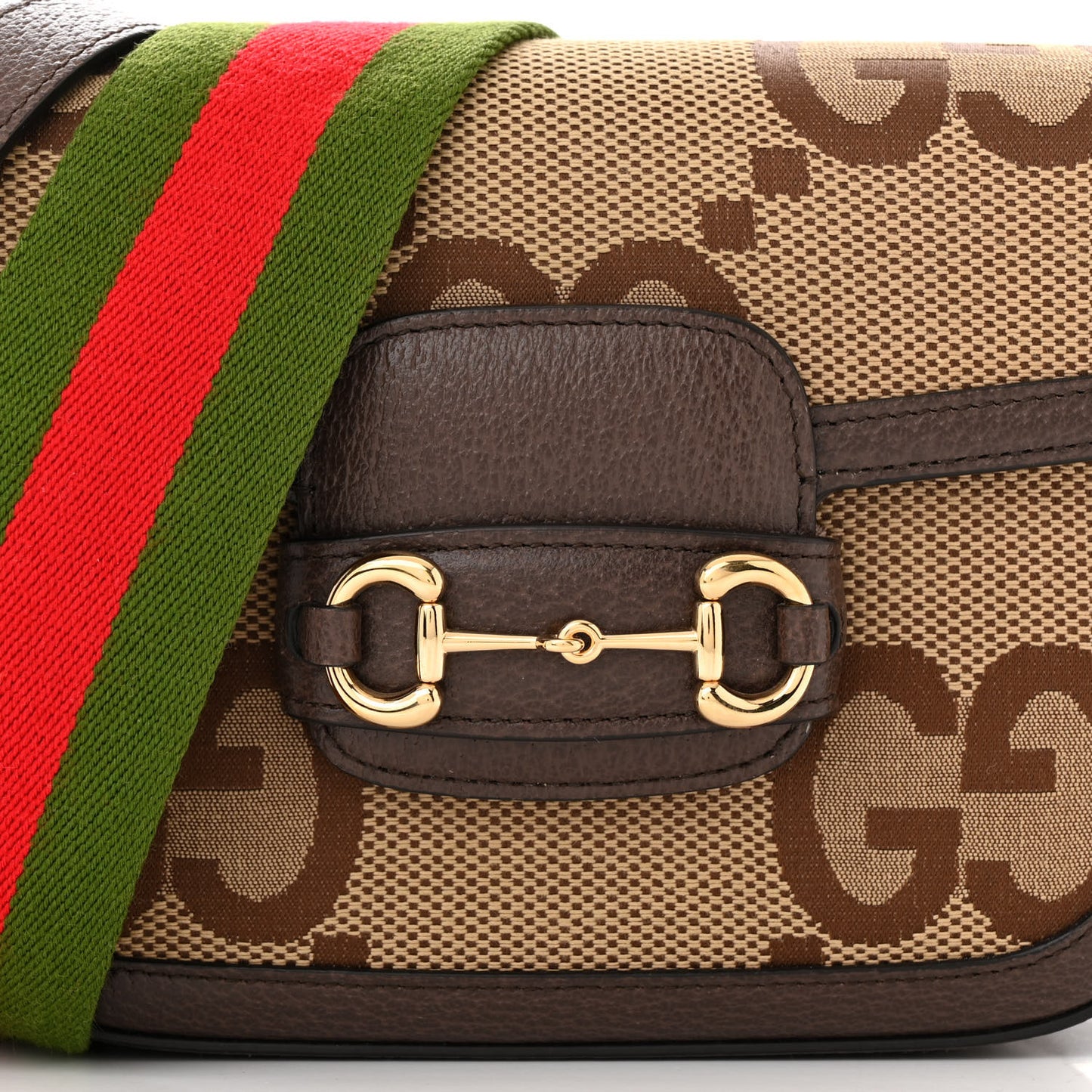 Monogram Jumbo GG Textured Dollar Calfskin Web Mini Horsebit 1955 Shoulder Bag Camel Ebony New Acero