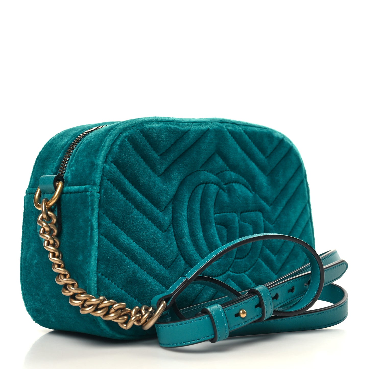 Velvet Matelasse Small GG Marmont Chain Shoulder Bag Pavone Cyan