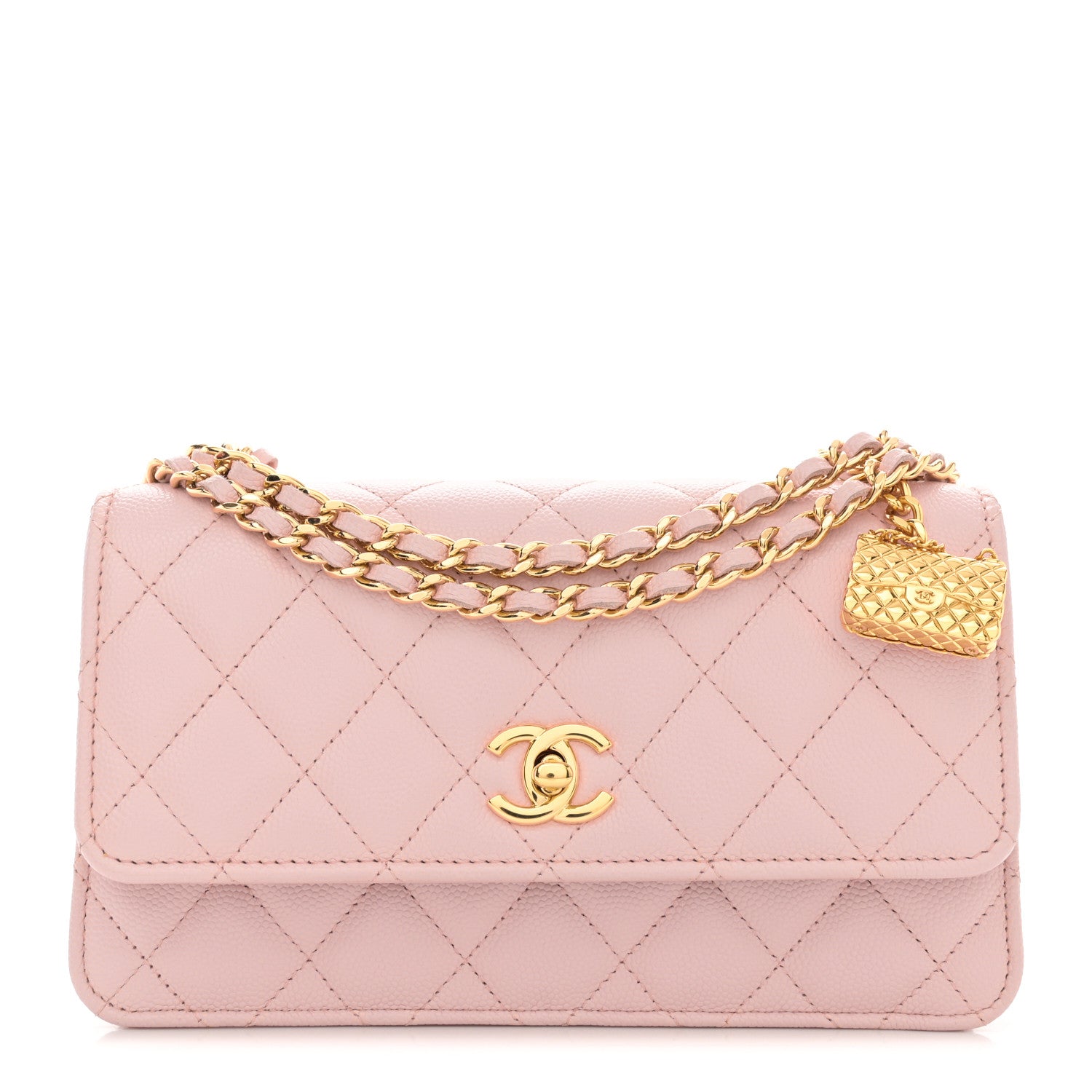 Chanel Shiny Caviar Quilted Flap Charm Wallet On Chain WOC Light Pink 1 of 13