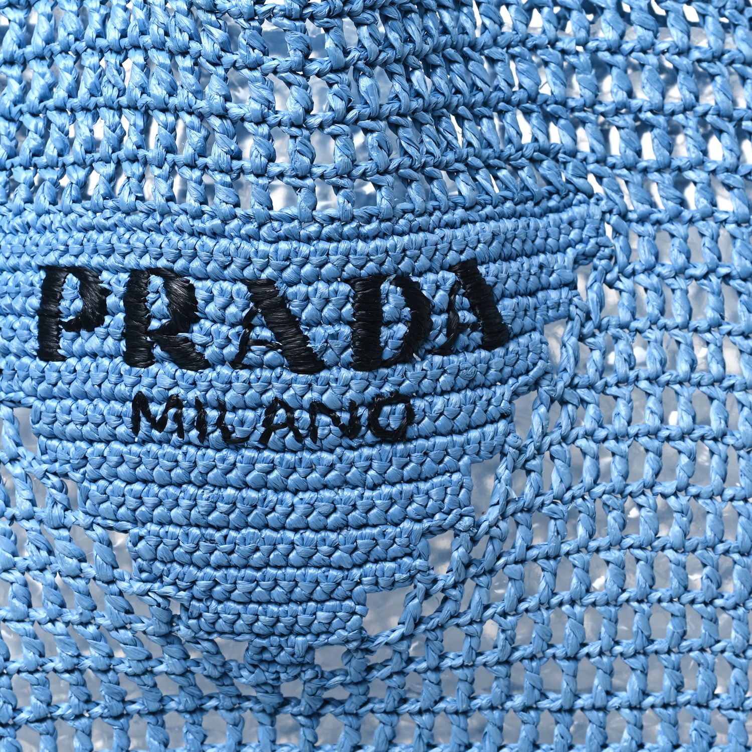 Prada Yarn Raffia Effect Crochet Logo Embroidered Shopping Tote Bag Celeste 7 of 10