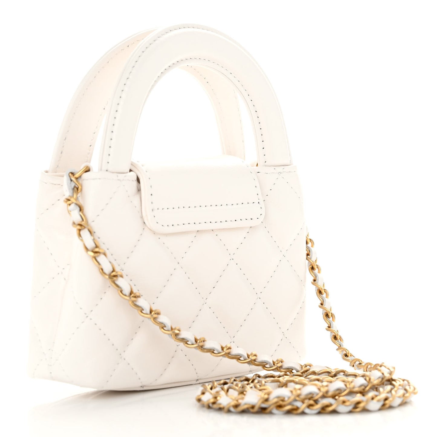 Shiny Aged Calfskin Quilted Mini Nano Kelly Shopper White