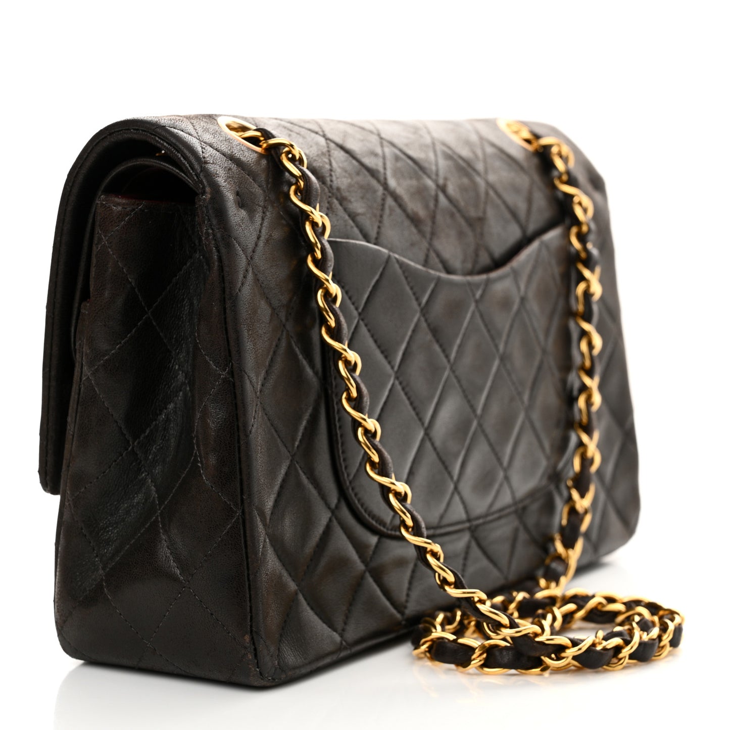 Lambskin Quilted Medium Double Flap Dark Brown