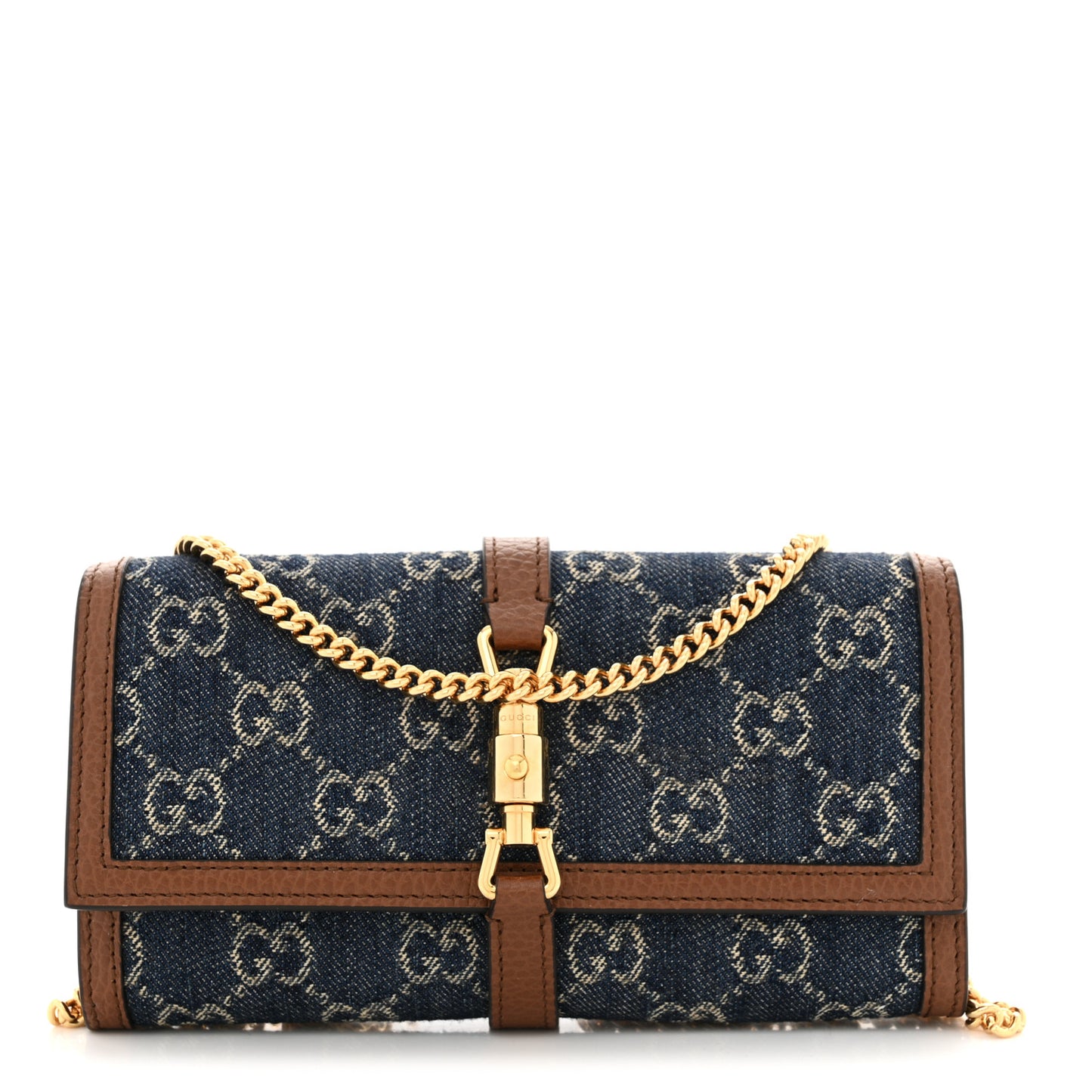 New Denim GG Monogram Jackie 1961 Chain Wallet Blue Tea Cuir