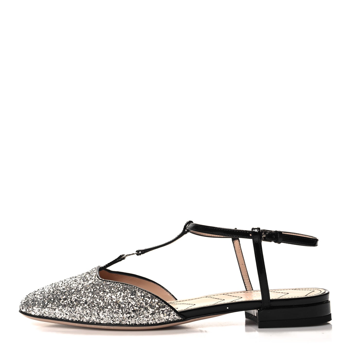 Calfskin Glitter Double G Slingback Flats 38 Silver Black