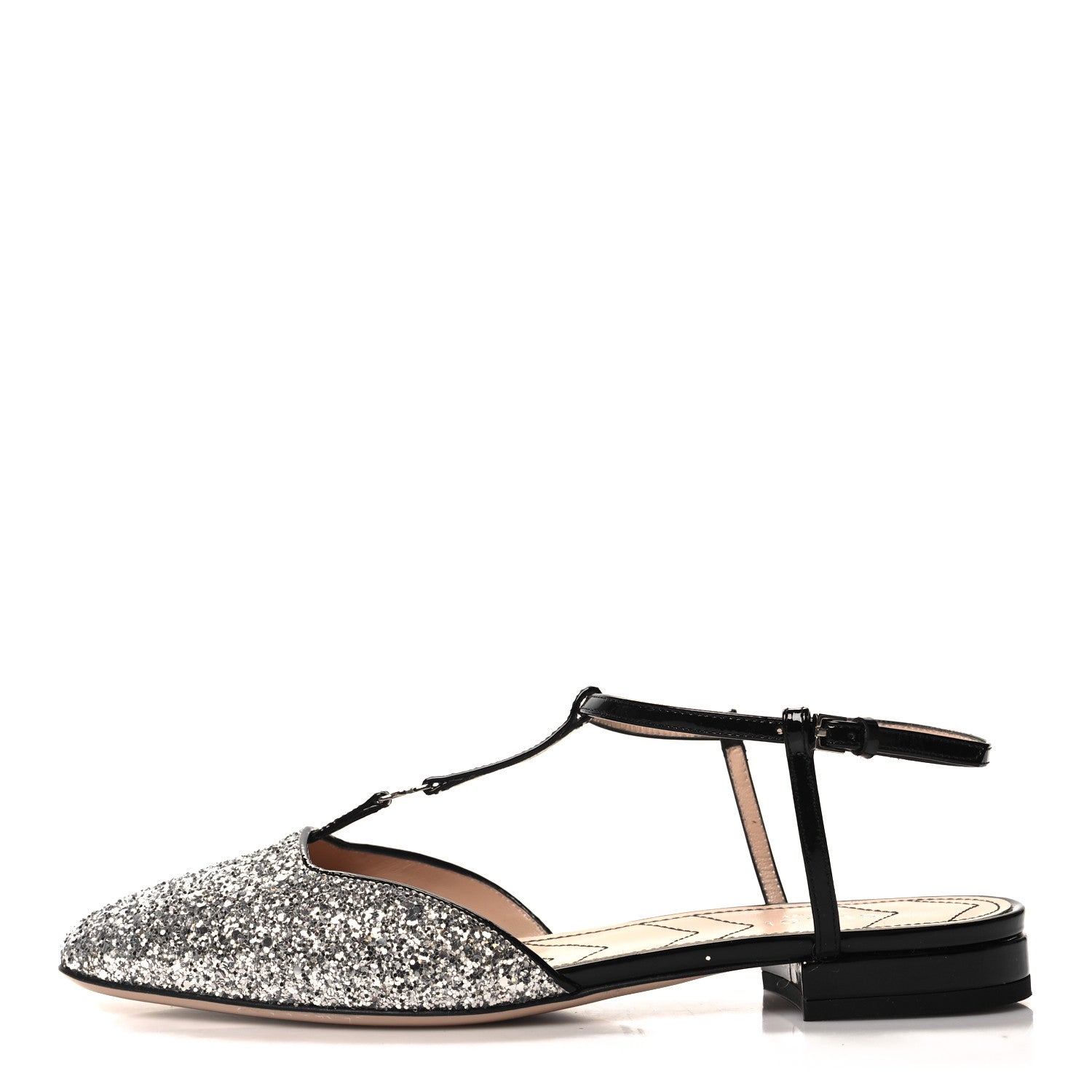 Gucci Calfskin Glitter Double G Slingback Flats 38 Silver Black 1 of 8
