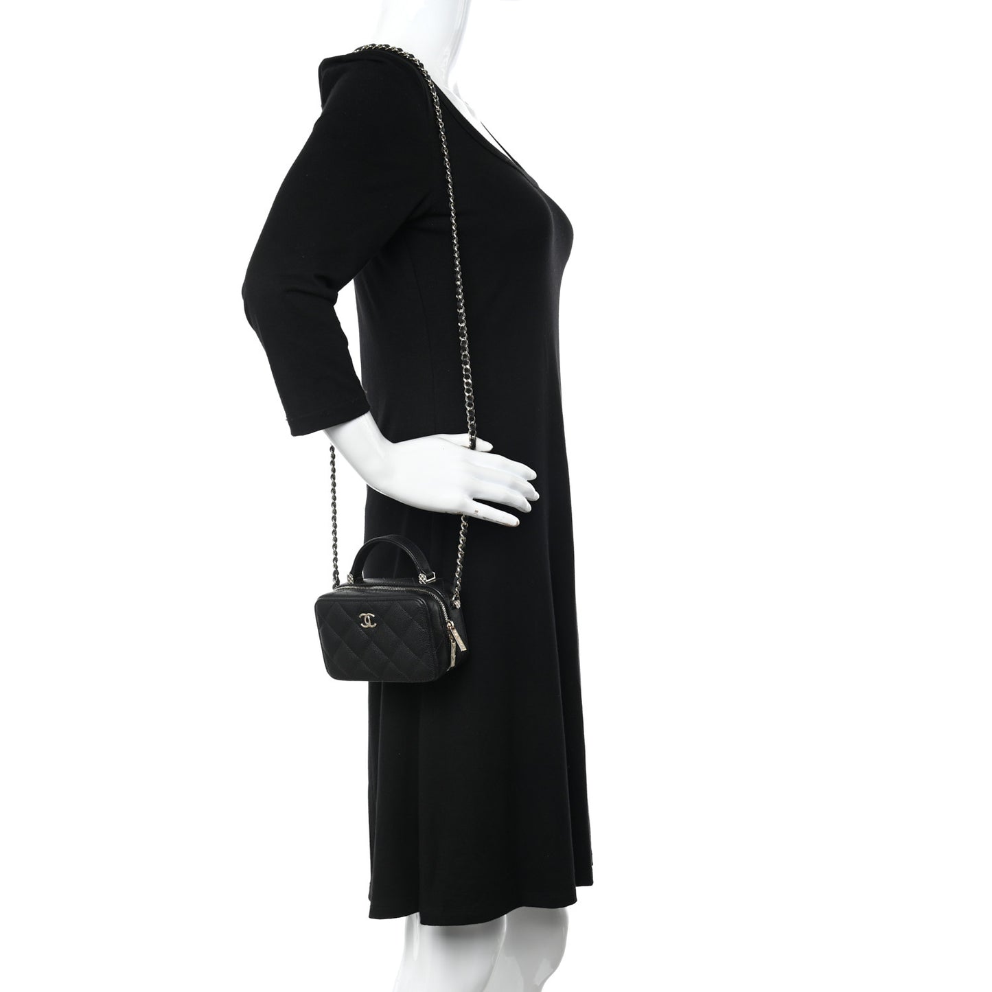 Caviar Quilted Small Top Handle Vanity Case With Chain Black