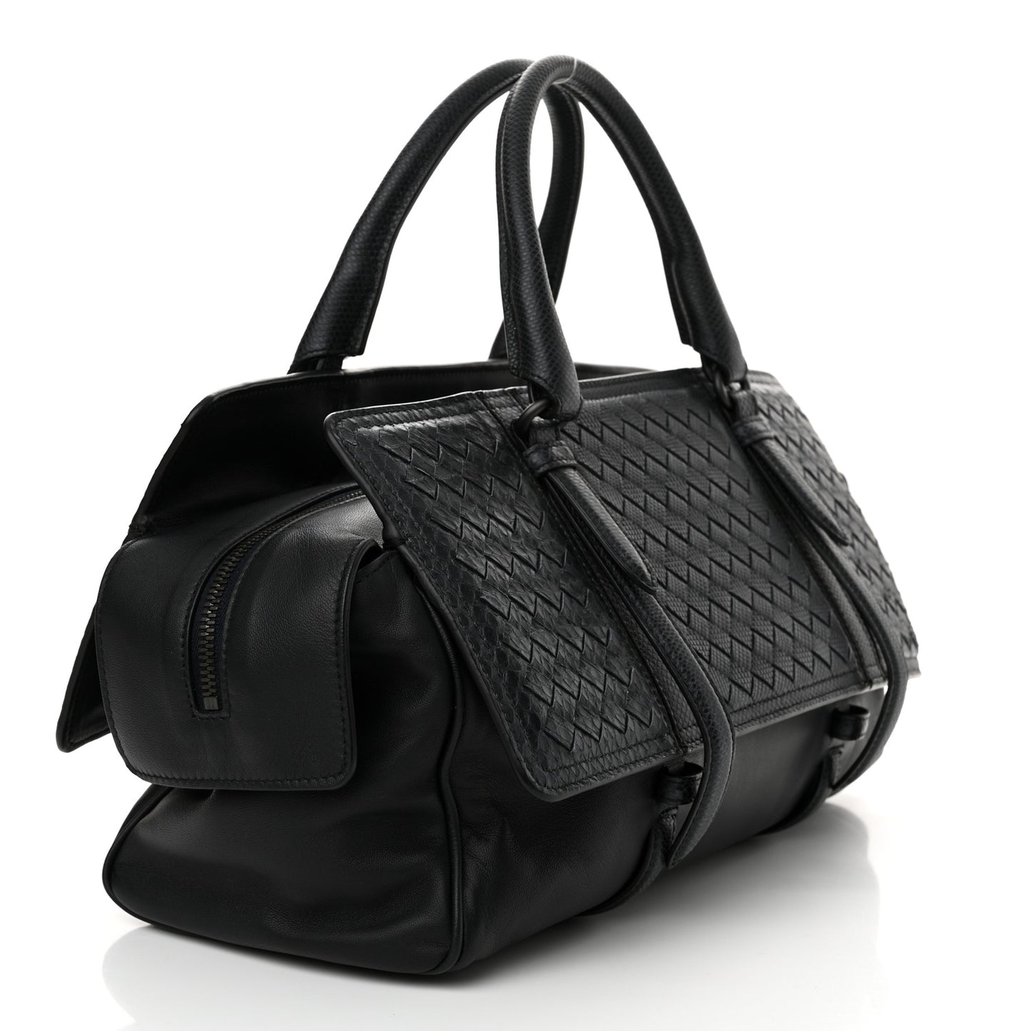 Nappa Snakeskin Intrecciato Medium Monaco Satchel Black