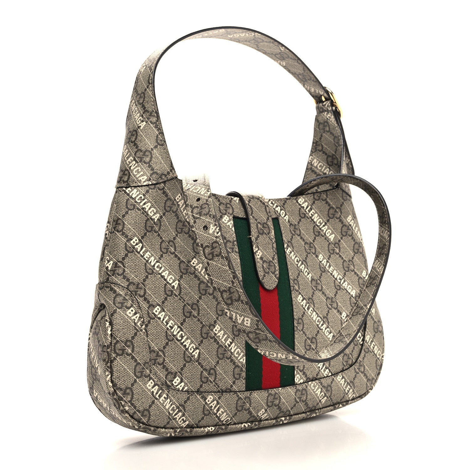 Gucci X BALENCIAGA GG Supreme Monogram Striped Logo Print Web Small Jackie 1961 Hobo Beige Ebony Mystic White 3 of 10