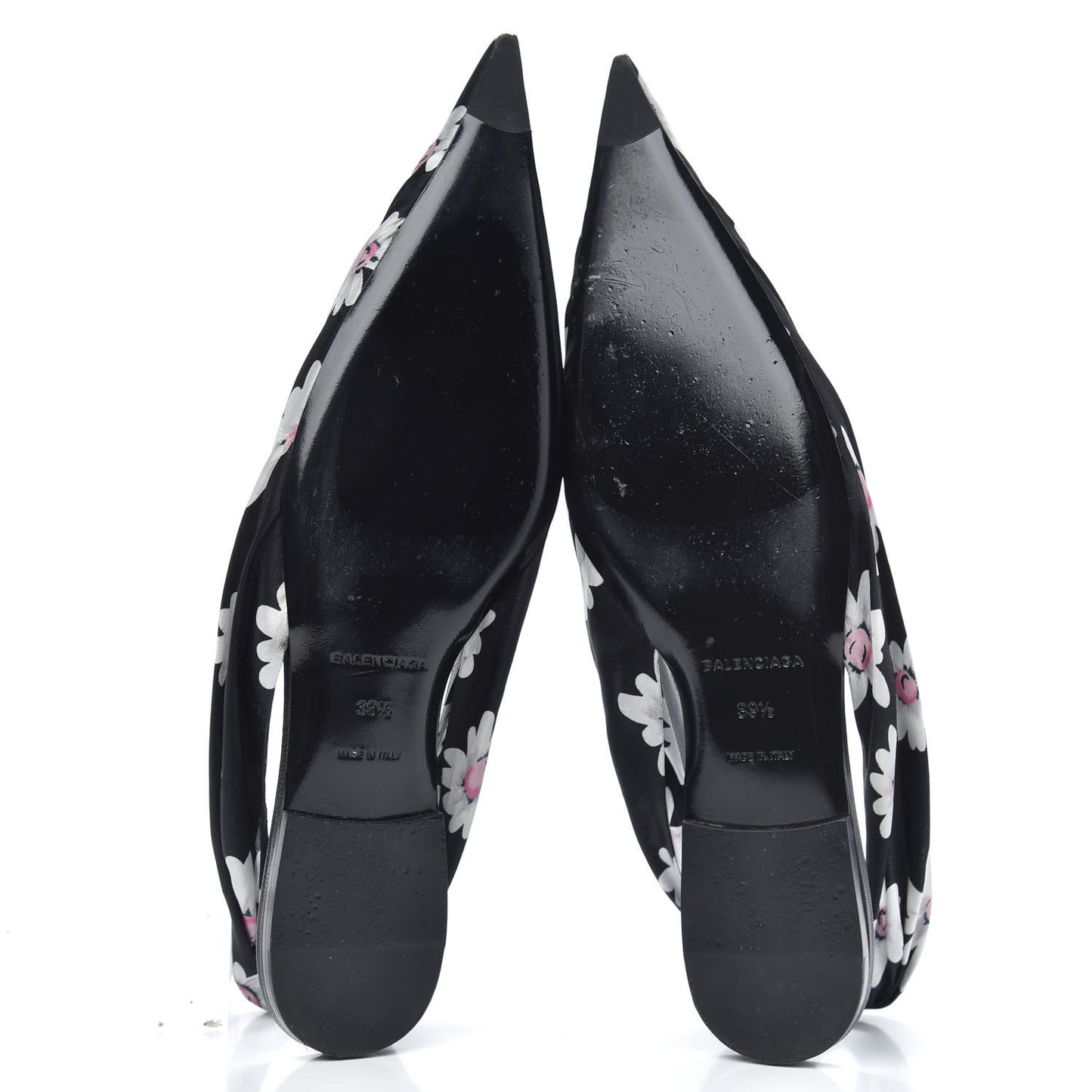Satin Floral Print Knife Pointy Toe Slingback Flats 39.5 Black