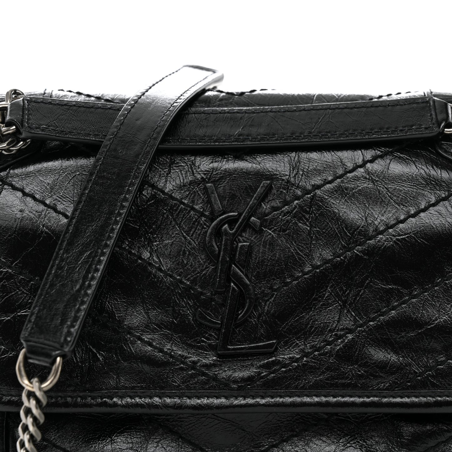 Crinkled Lambskin Matelasse Monogram Baby Niki Chain Satchel Black
