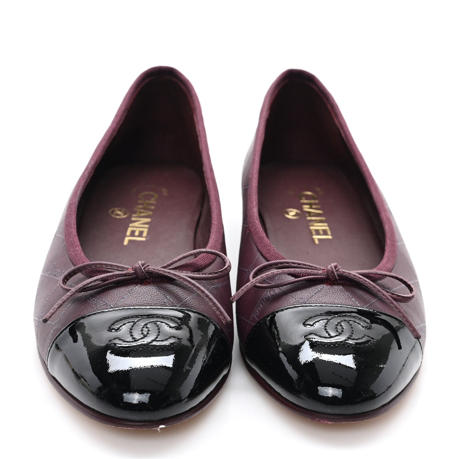 Chanel Printed Lambskin Patent CC Cap Toe Ballerina Flats 38 Burgundy Black 3 of 9