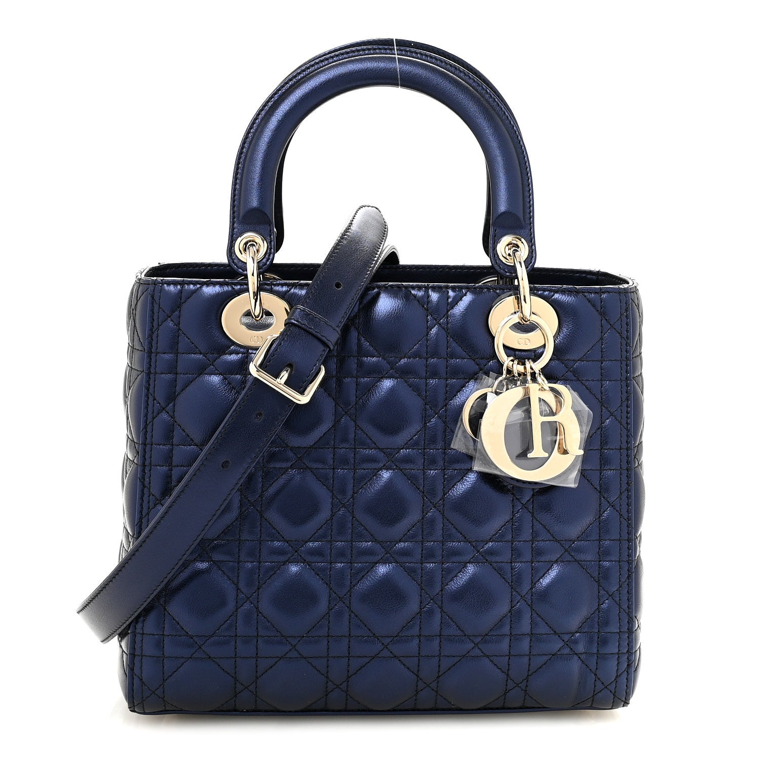 Dior バッグ　ネイビー Christian Dior Metallic Calfskin Cannage Medium Lady Dior Blue