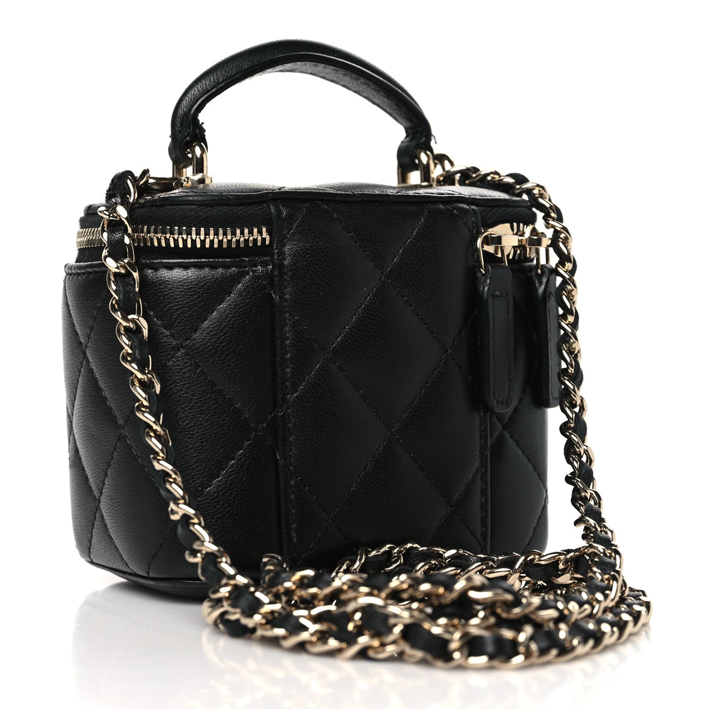 Lambskin Quilted Top Handle Mini Vanity Case With Chain Black