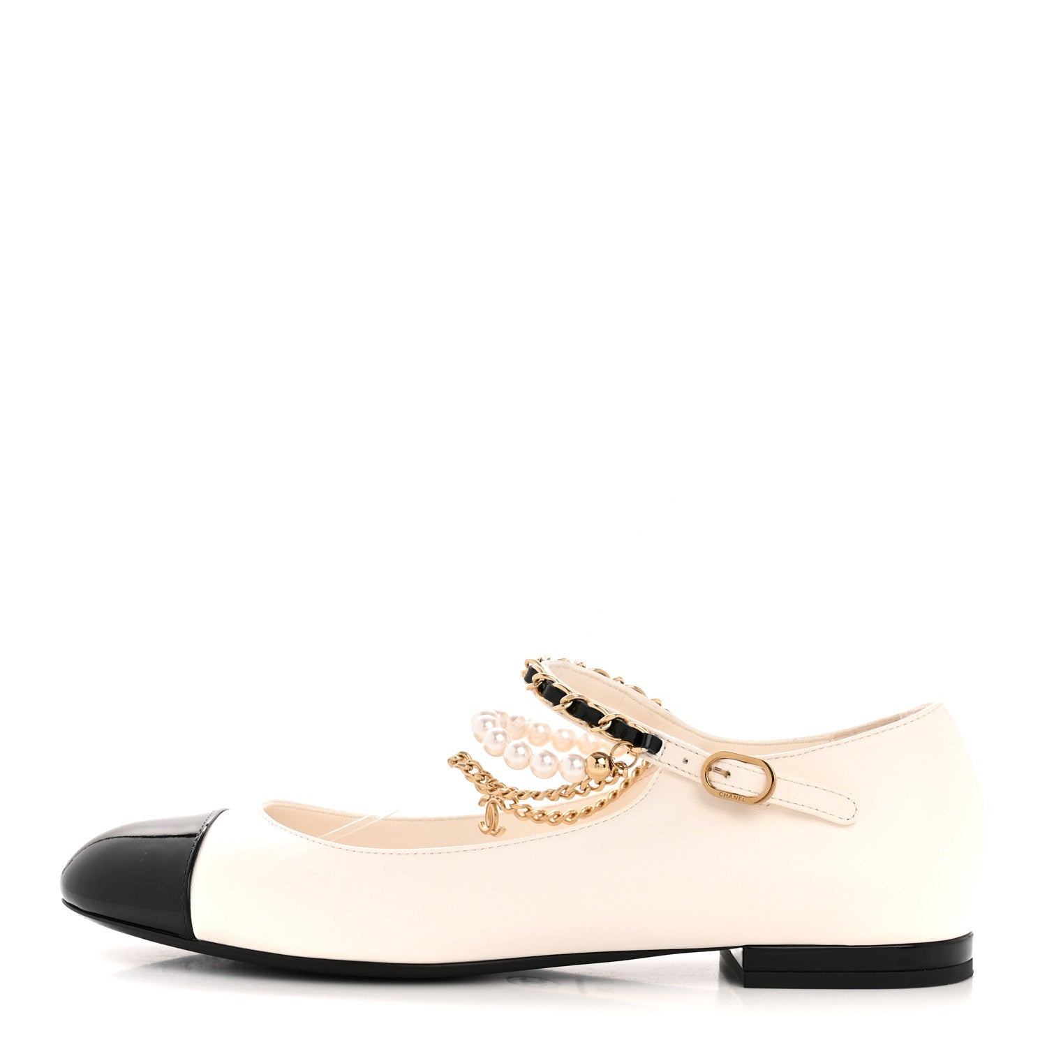 Chanel Shiny Lambskin Pearl Cap Toe Ankle Chain Ballerina Flats 38