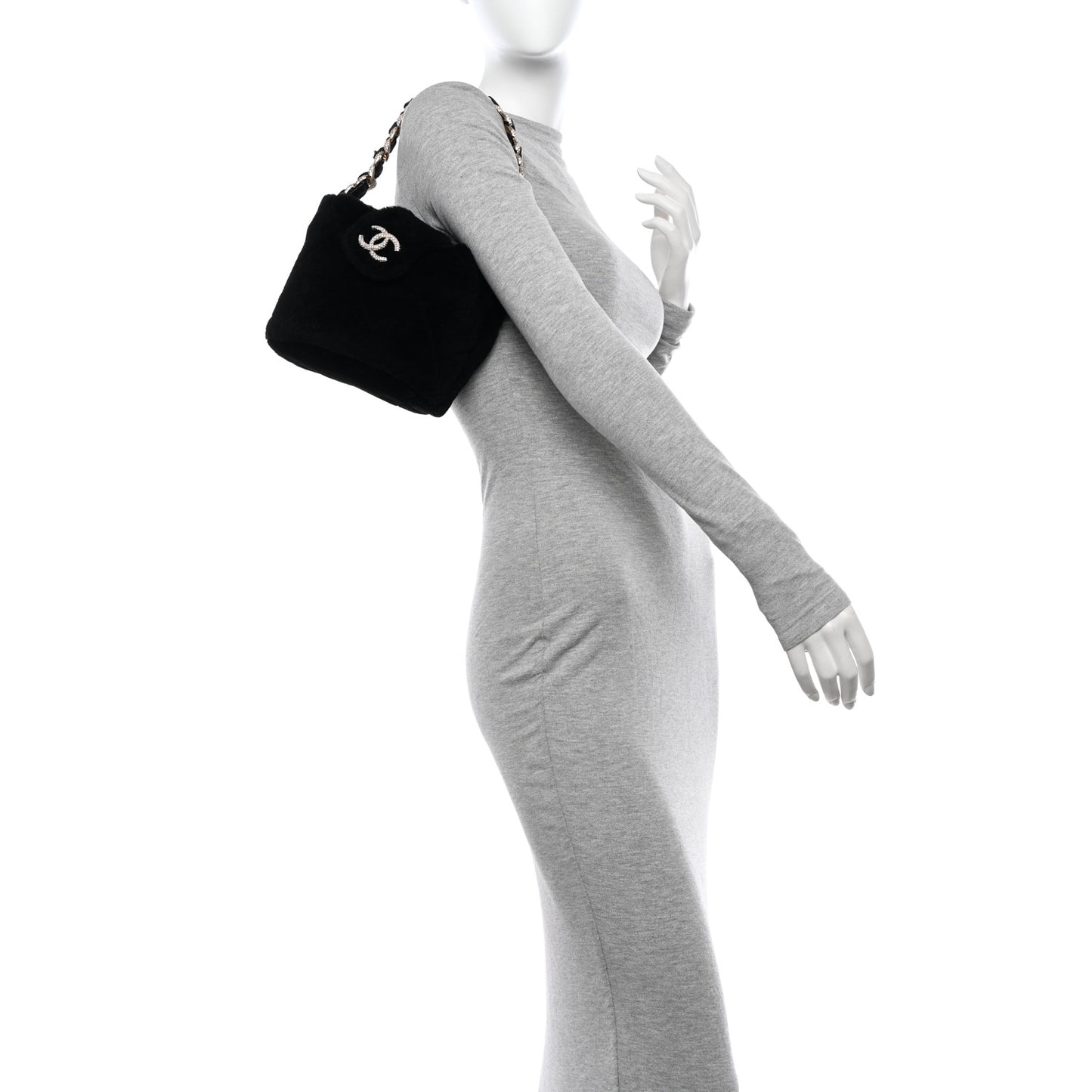 Shearling Lambskin Crystal Strass Flap Black