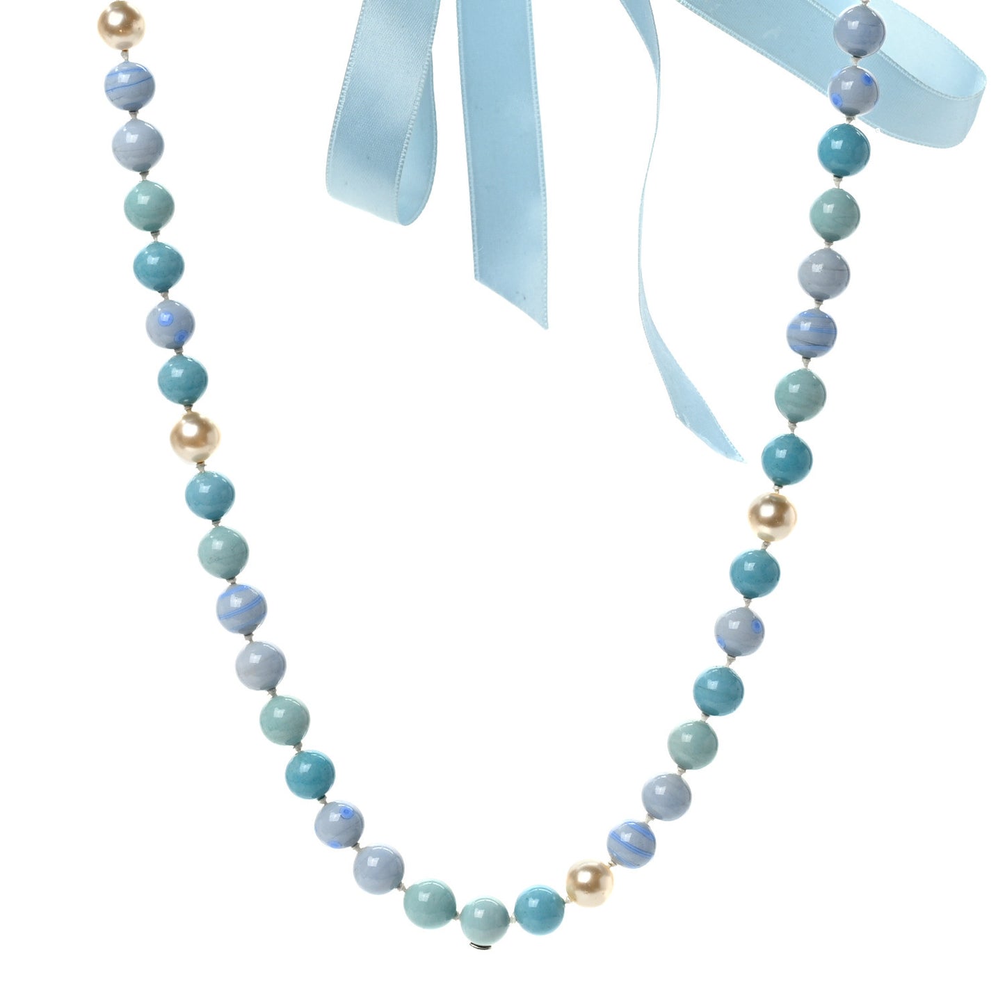 Pearl Beaded Ribbon Necklace Blue