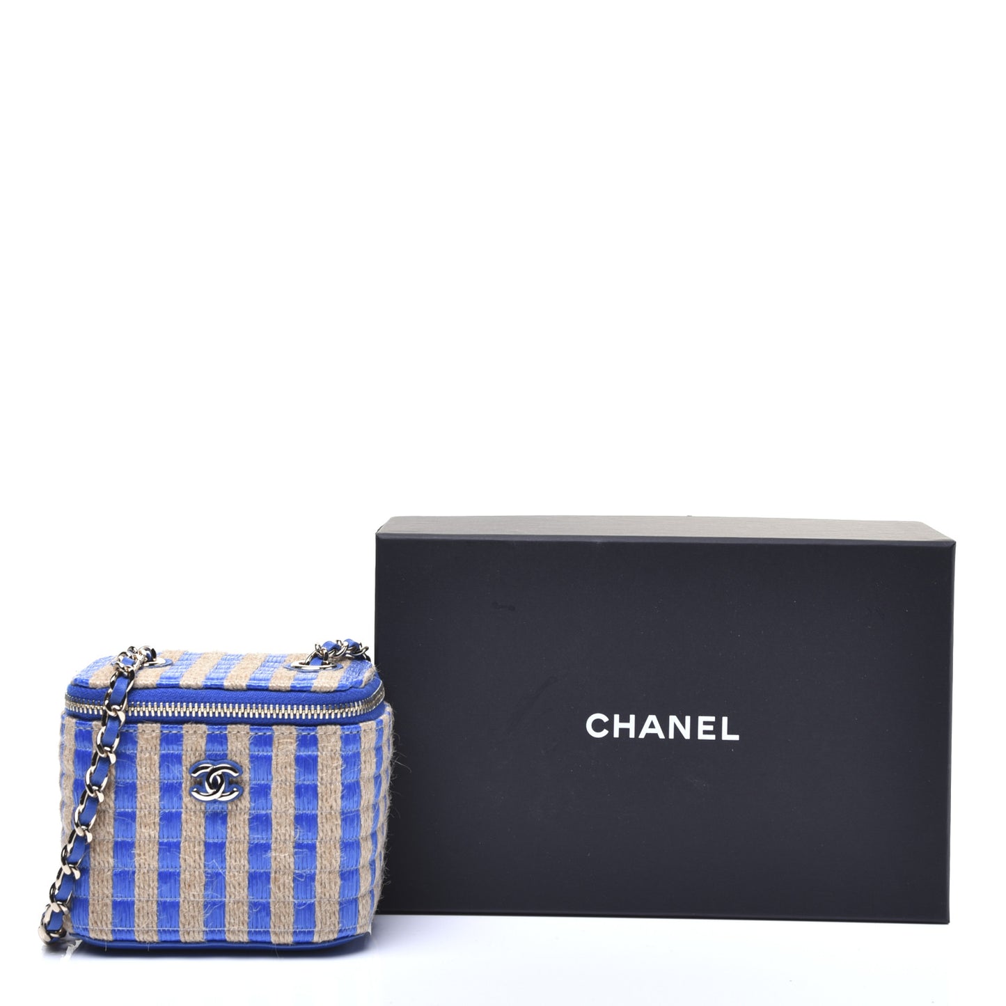 Raffia Jute Striped Mini Vanity Case With Chain Blue Beige