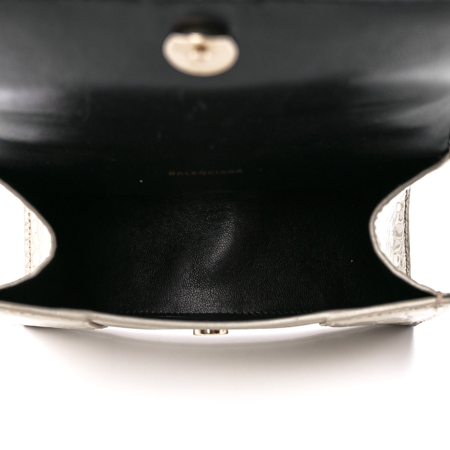 Metallic Shiny Calfskin Crocodile Embossed Hourglass Top Handle Bag XS Light Gold