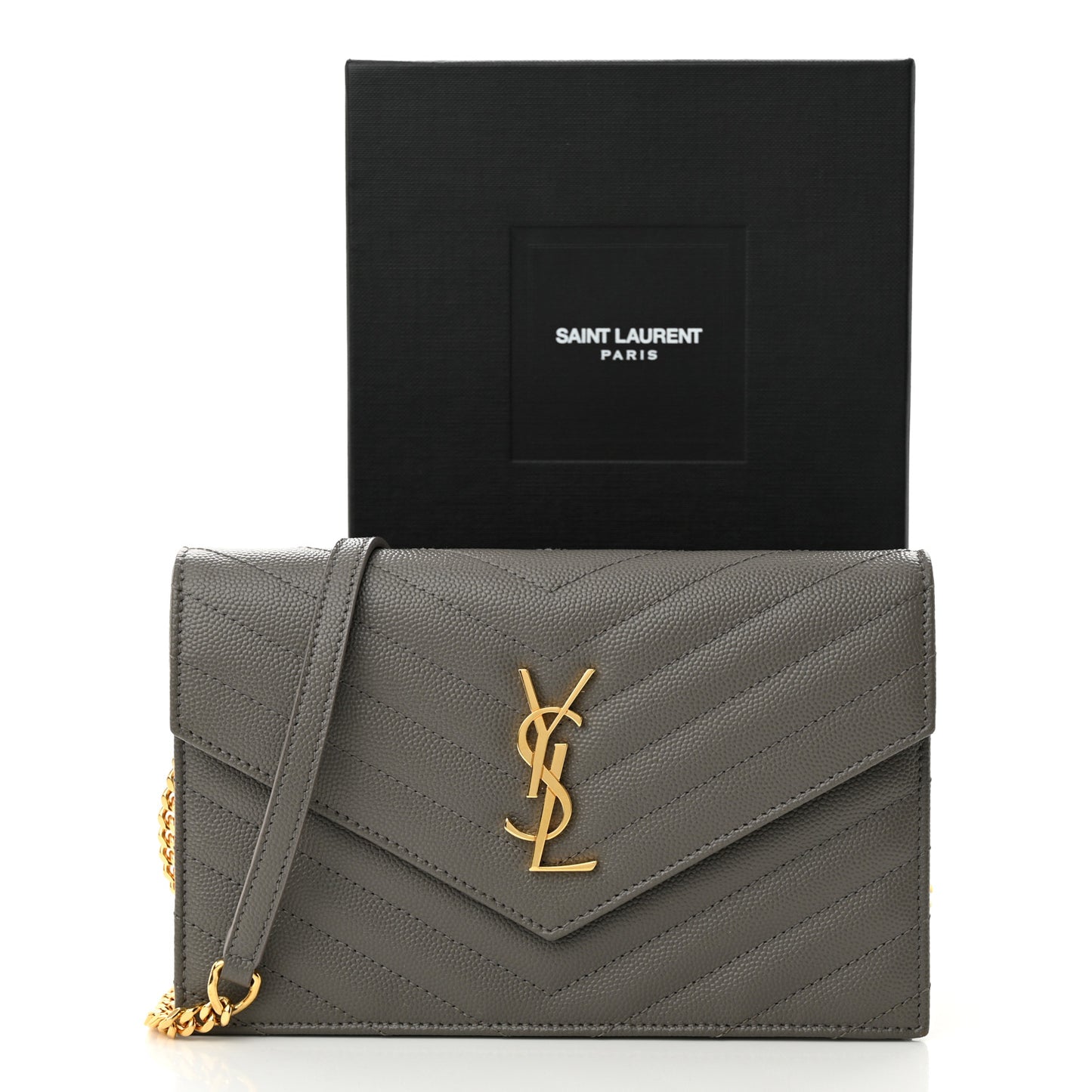 Grain De Poudre Matelasse Chevron Monogram Envelope Chain Wallet Fog