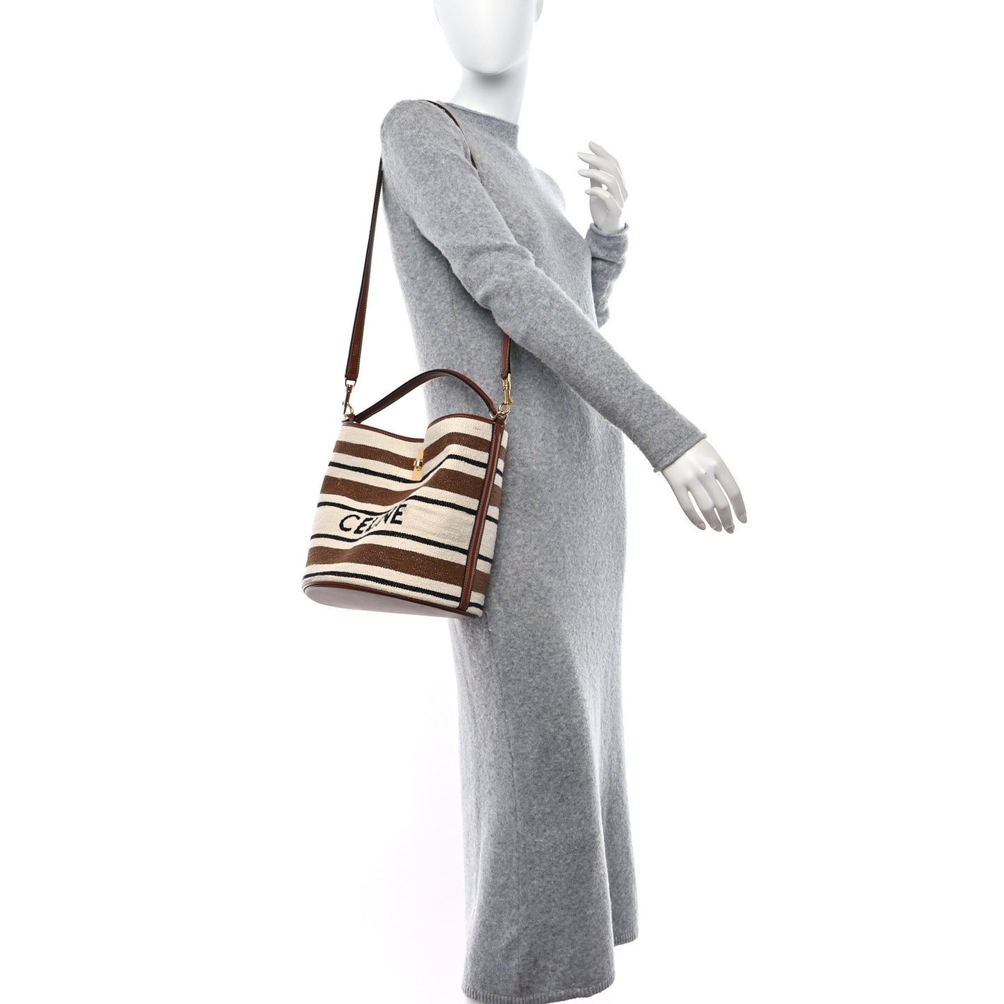 Canvas Smooth Calfskin Logo Bucket 16 Bag Brown Off White Tan