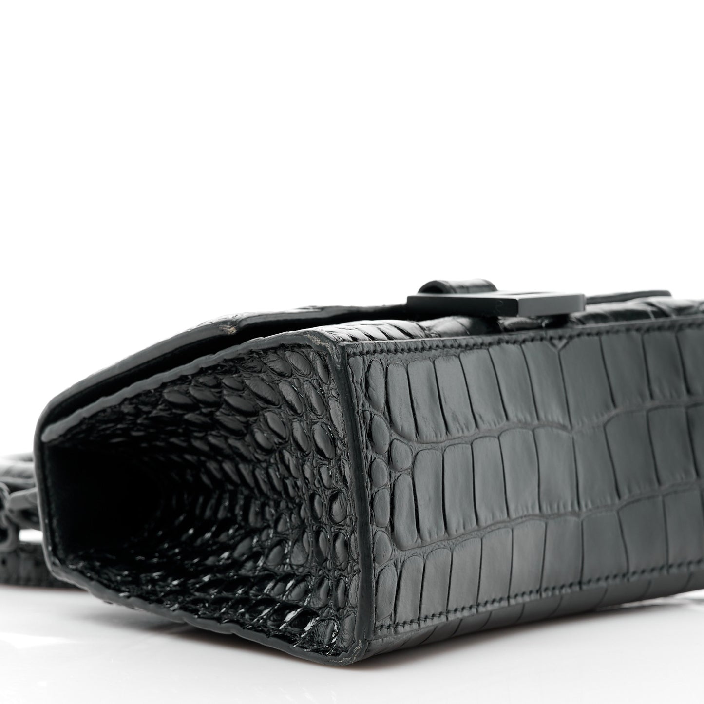 Shiny Calfskin Monochrome Crocodile Embossed Hourglass Top Handle Bag XS Black