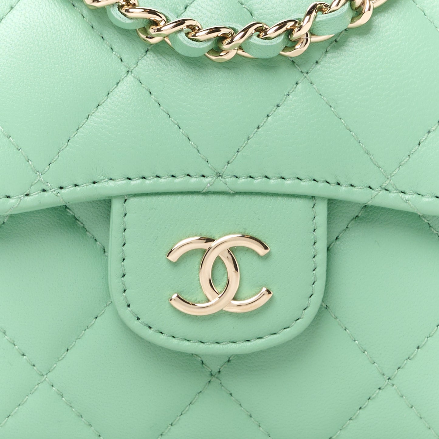 Lambskin Quilted Top Handle Flap Clutch With Chain Light Green