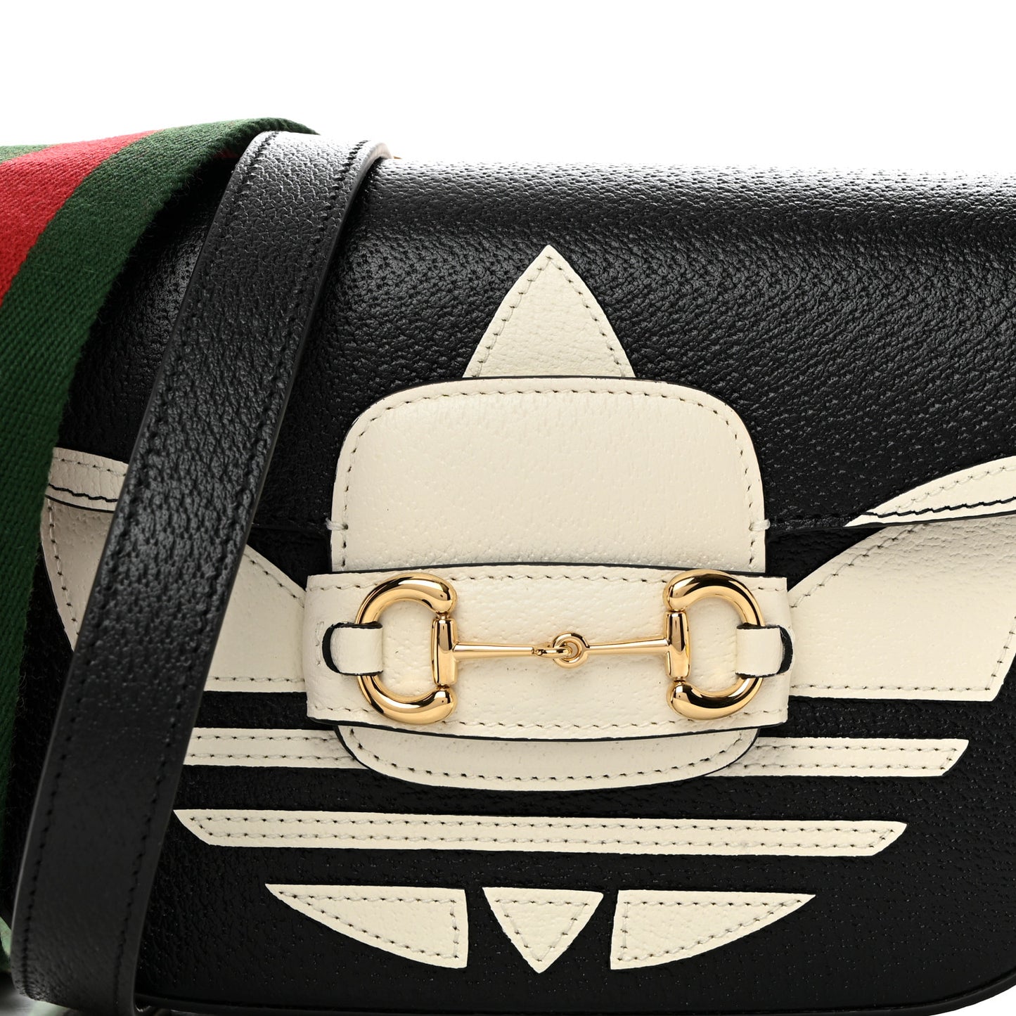 X ADIDAS Textured Dollar Calfskin Web Trefoil Mini Horsebit 1955 Shoulder Bag Black Off White