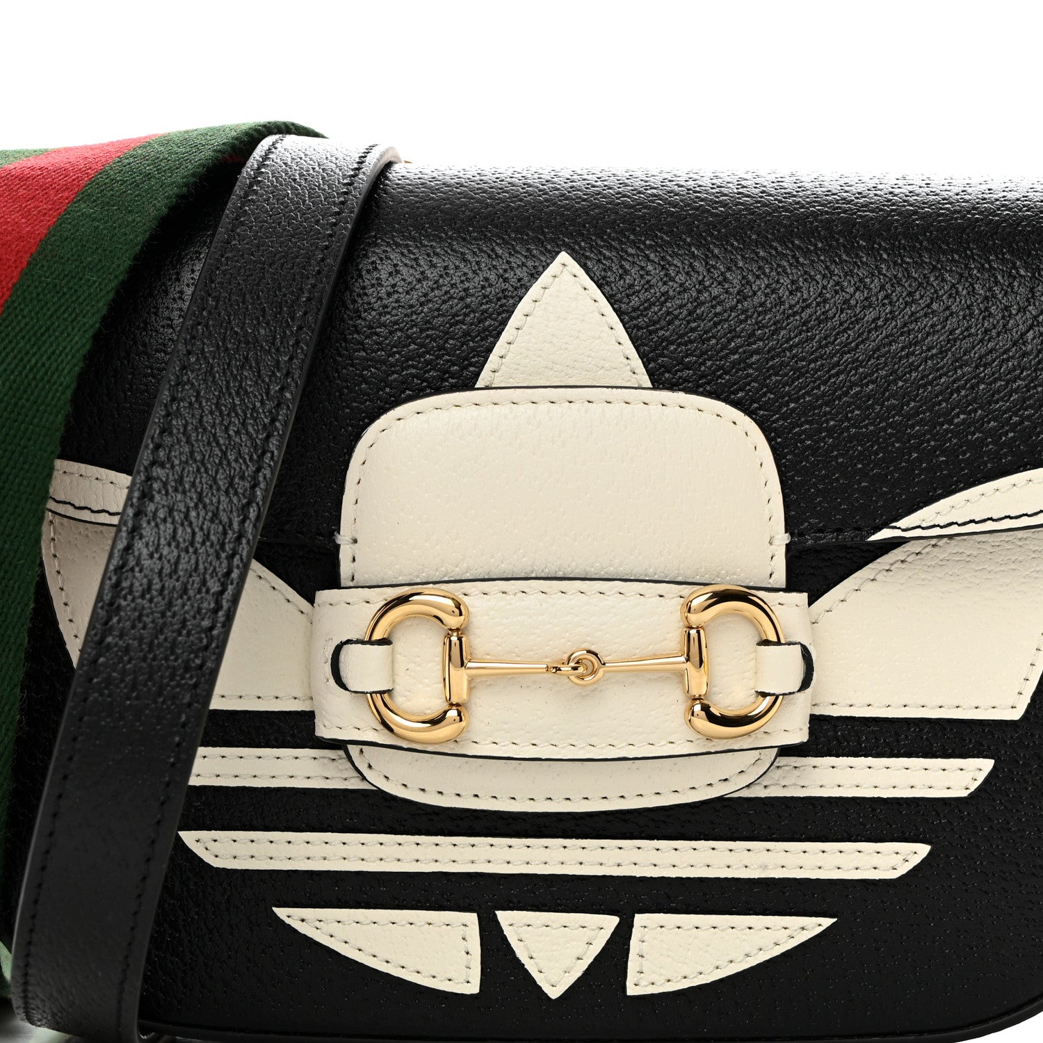 Gucci X ADIDAS Textured Dollar Calfskin Web Trefoil Mini Horsebit 1955 Shoulder Bag Black Off White 10 of 12