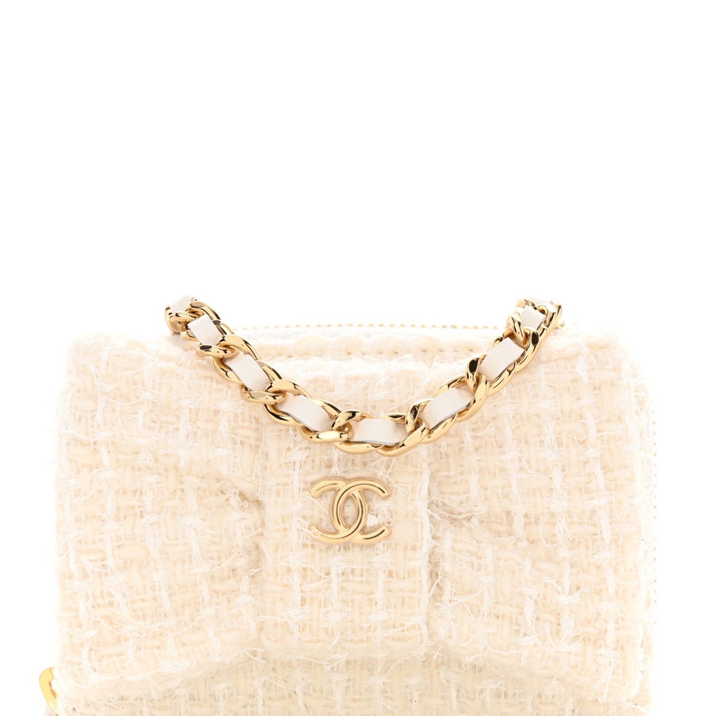 Tweed Quilted Bow Flap Card Holder On Chain White