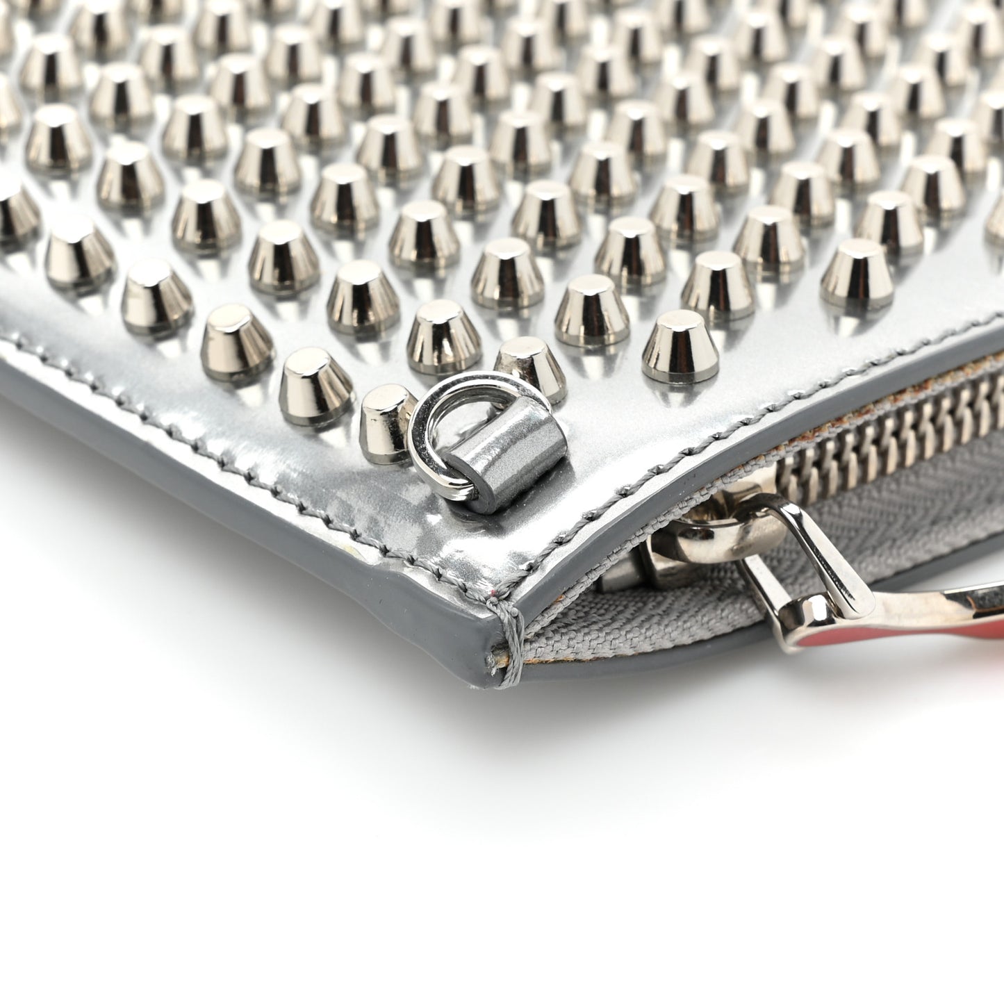 Metallic Calfskin Quadro Spikes Loubiclutch Silver