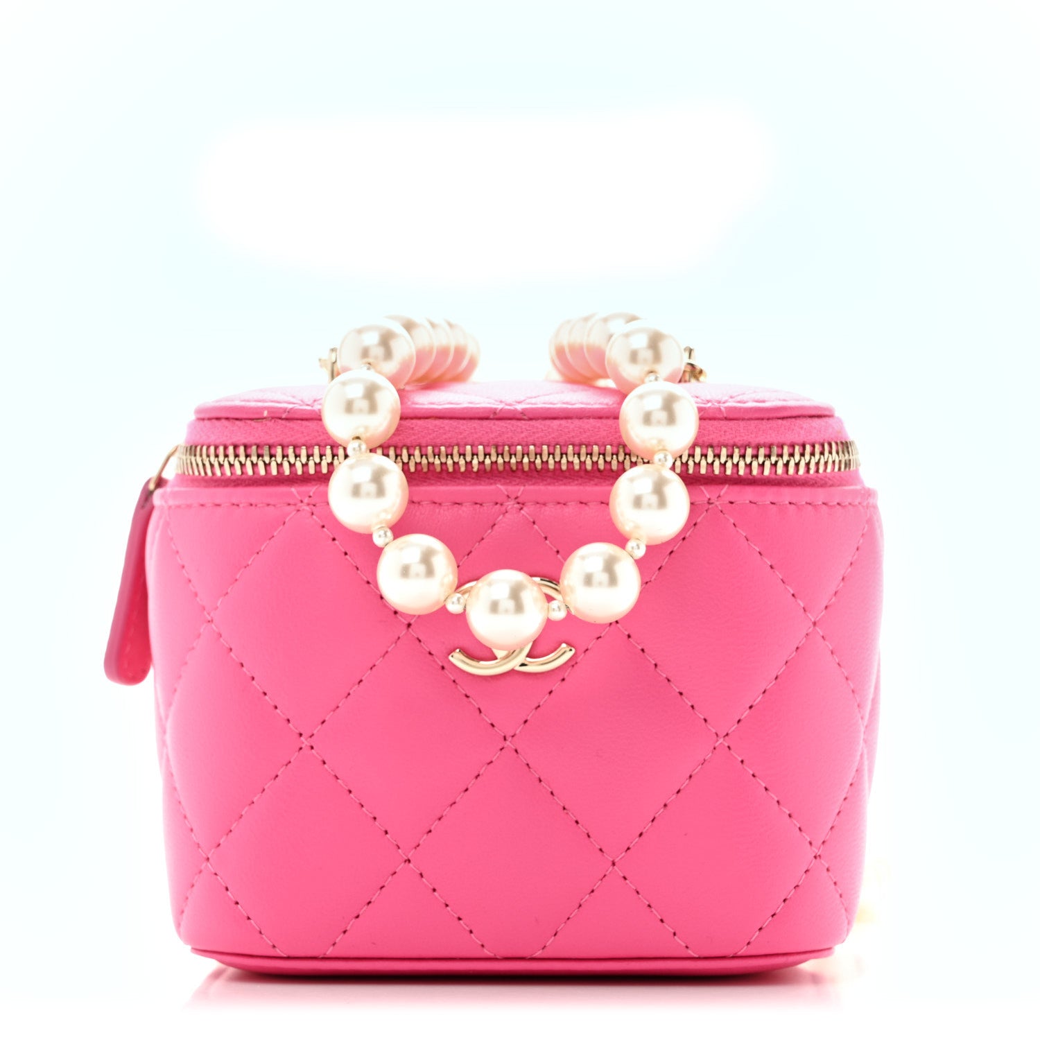 Chanel Lambskin Quilted Mini Vanity Case With Pearl Chain Pink