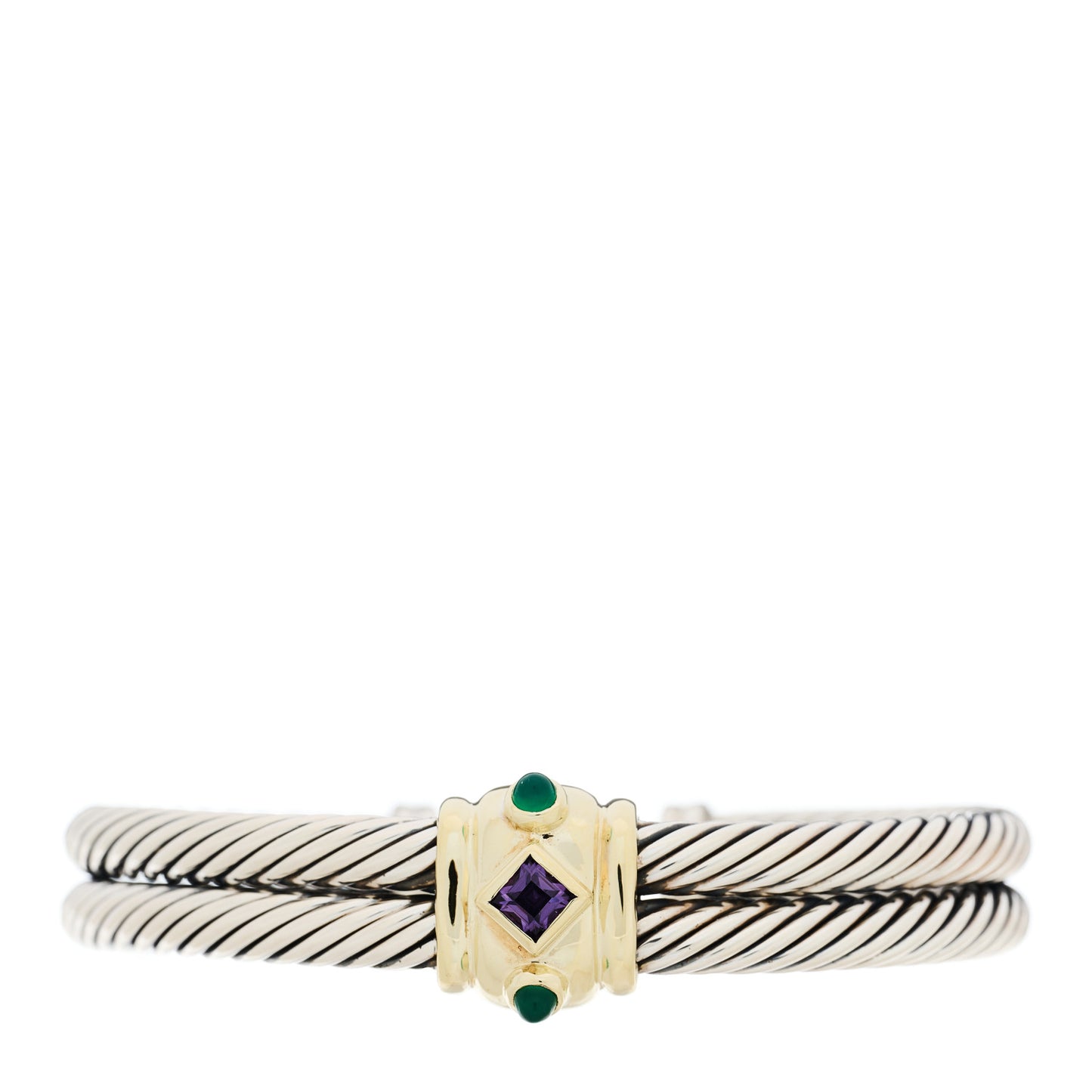 Sterling Silver 14K Yellow Gold Amethyst Chalcedony Renaissance Station Double Cable Bracelet