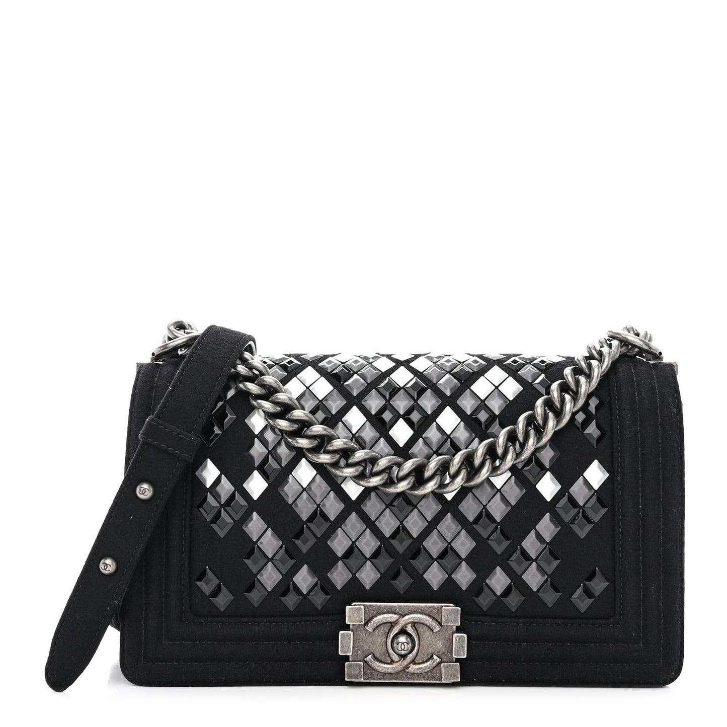 Wool Lambskin Embroidered Mosaic Medium Boy Flap Black