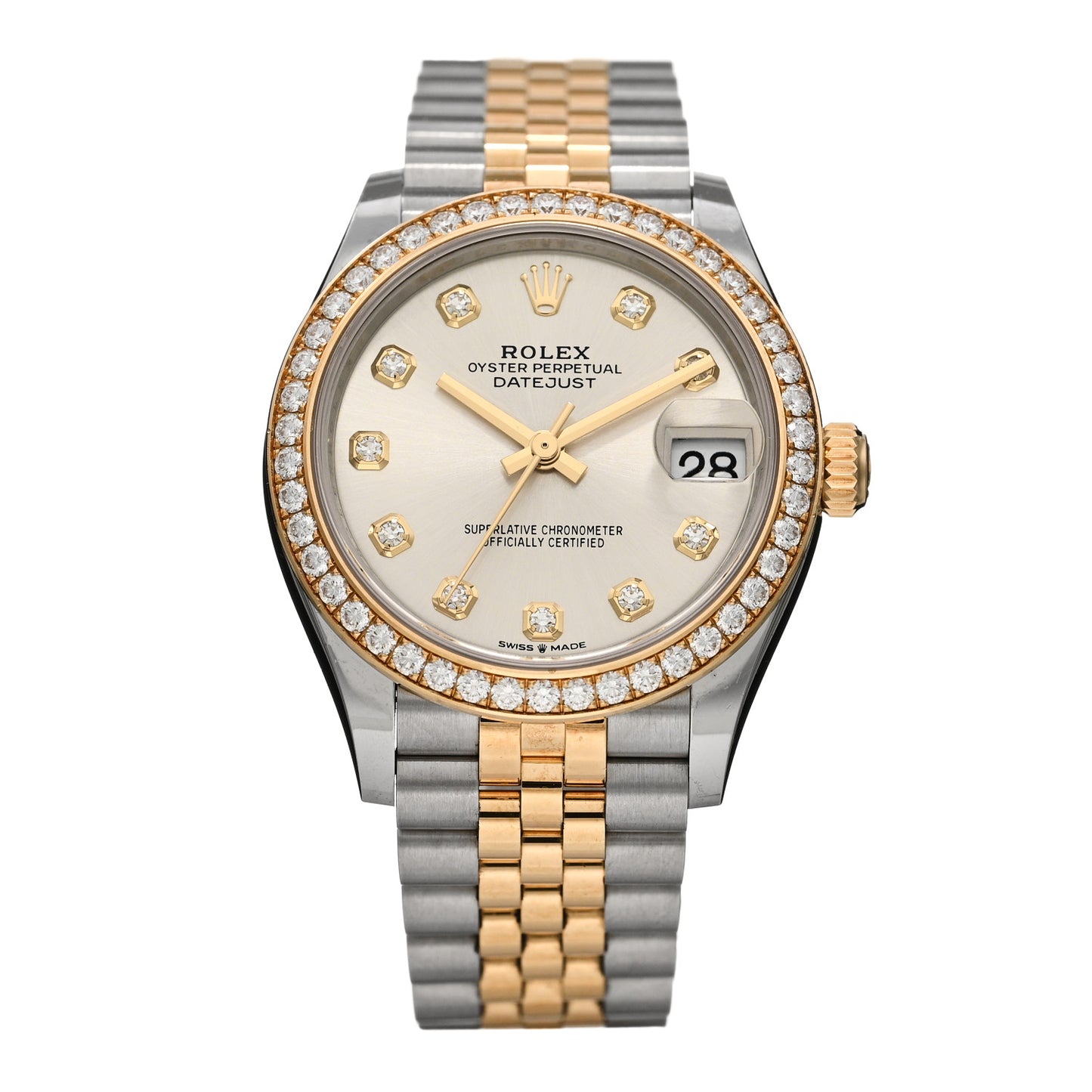 Stainless Steel 18K Yellow Gold Diamond Bezel 31mm Oyster Perpetual Datejust Watch Silver 278383RBR