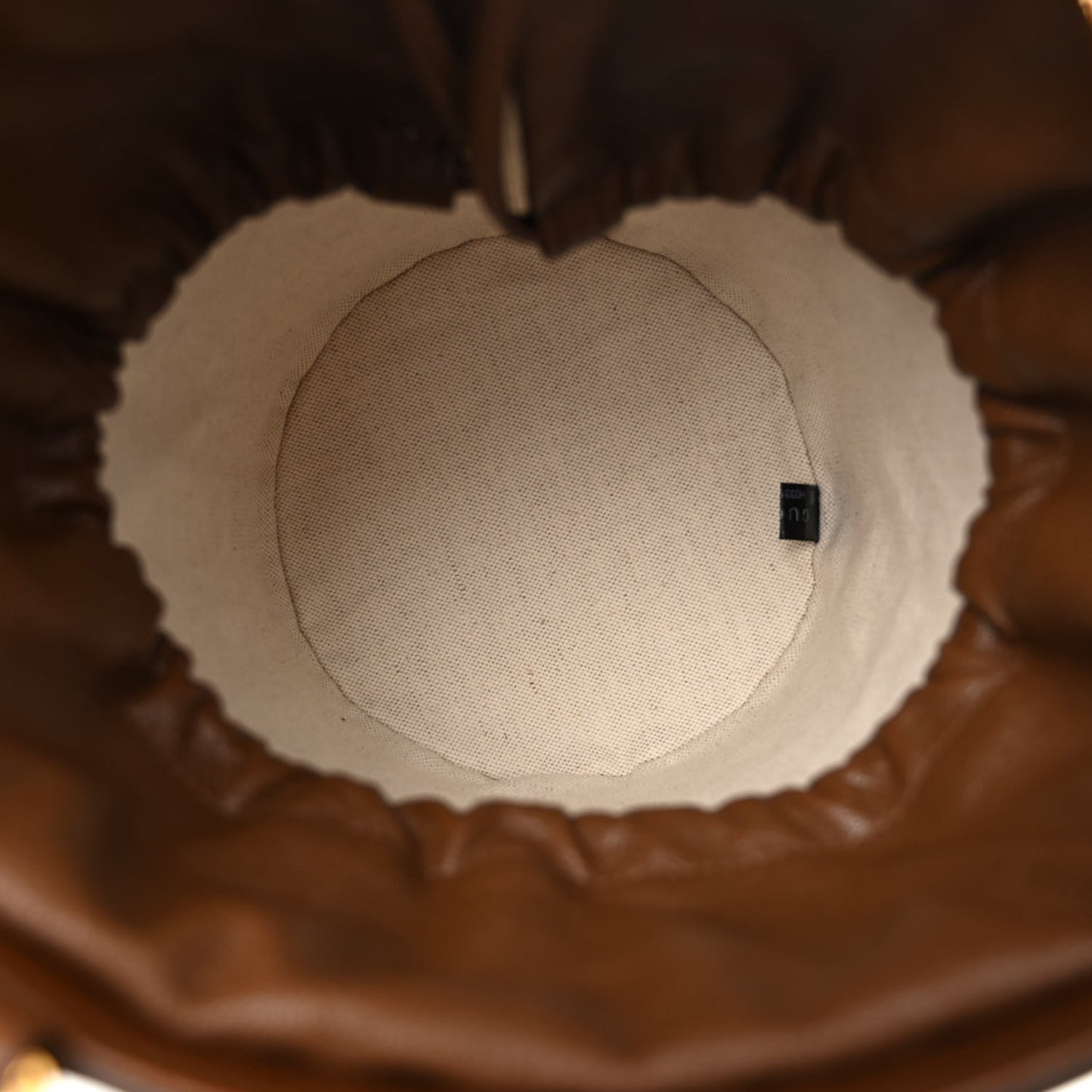 GG Supreme Monogram Azalea Sakai Calfskin Small Horsebit 1955 Drawstring Bucket Bag Beige Ebony Brown Sugar