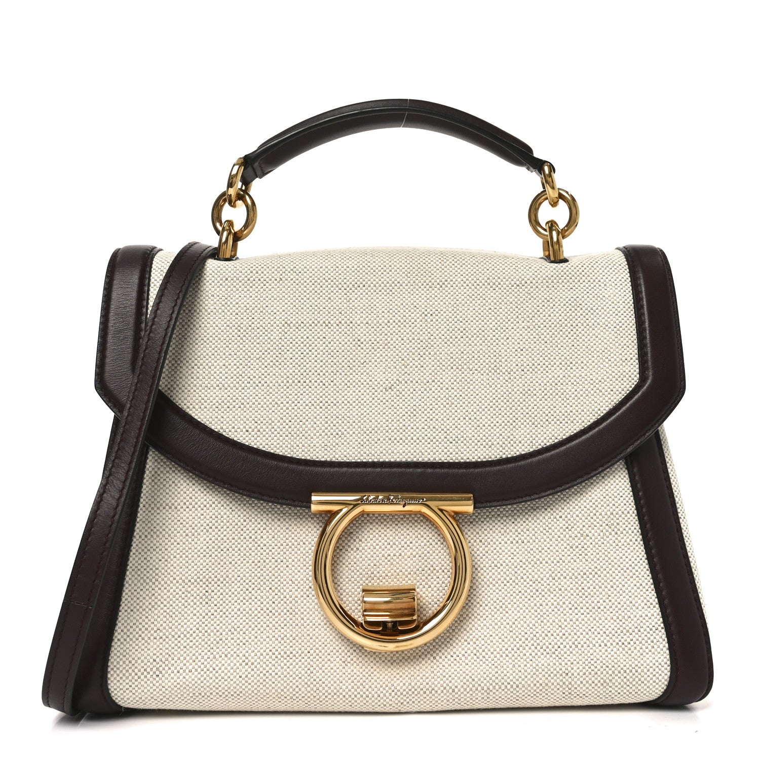 Salvatore Ferragamo Calfskin Canvas Margot Top Handle Satchel