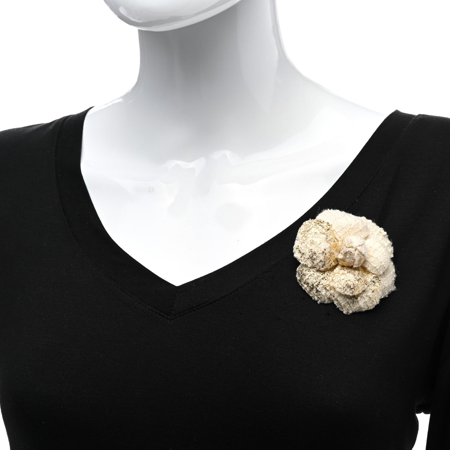 Metallic Tweed CC Camellia Brooch Gold Ivory